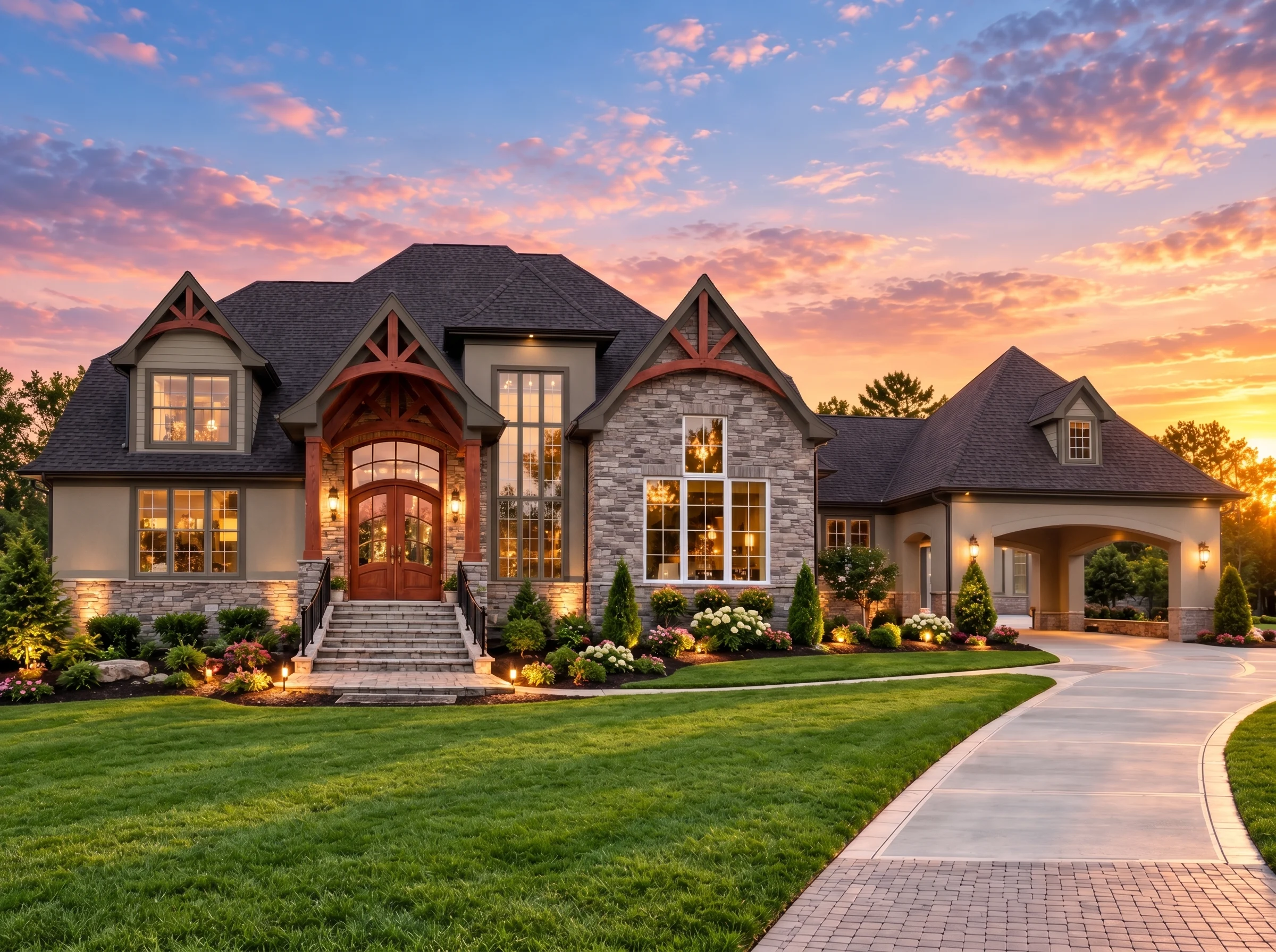Plan  7-2028 – Hill Ridge | Tudor  Revival – 5-Bed, 5-Bath, 7,400 SF - Mushroom Taupe, AI-generated exterior concept