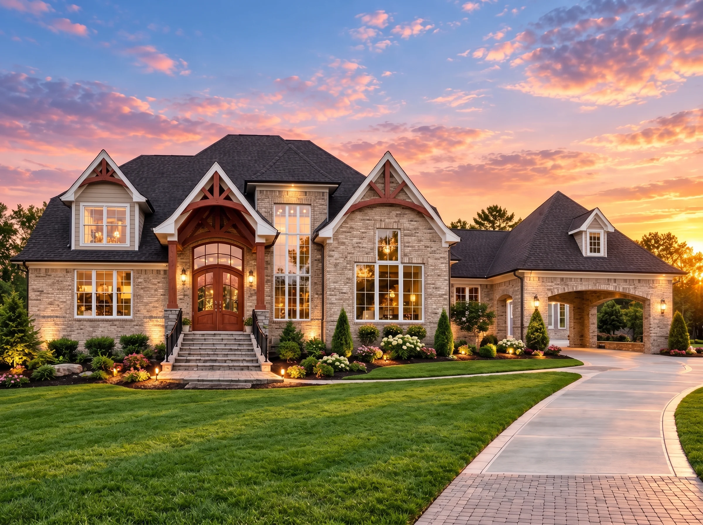 Plan  7-2028 – Hill Ridge | Tudor  Revival – 5-Bed, 5-Bath, 7,400 SF - Natural Brick, AI-generated exterior concept