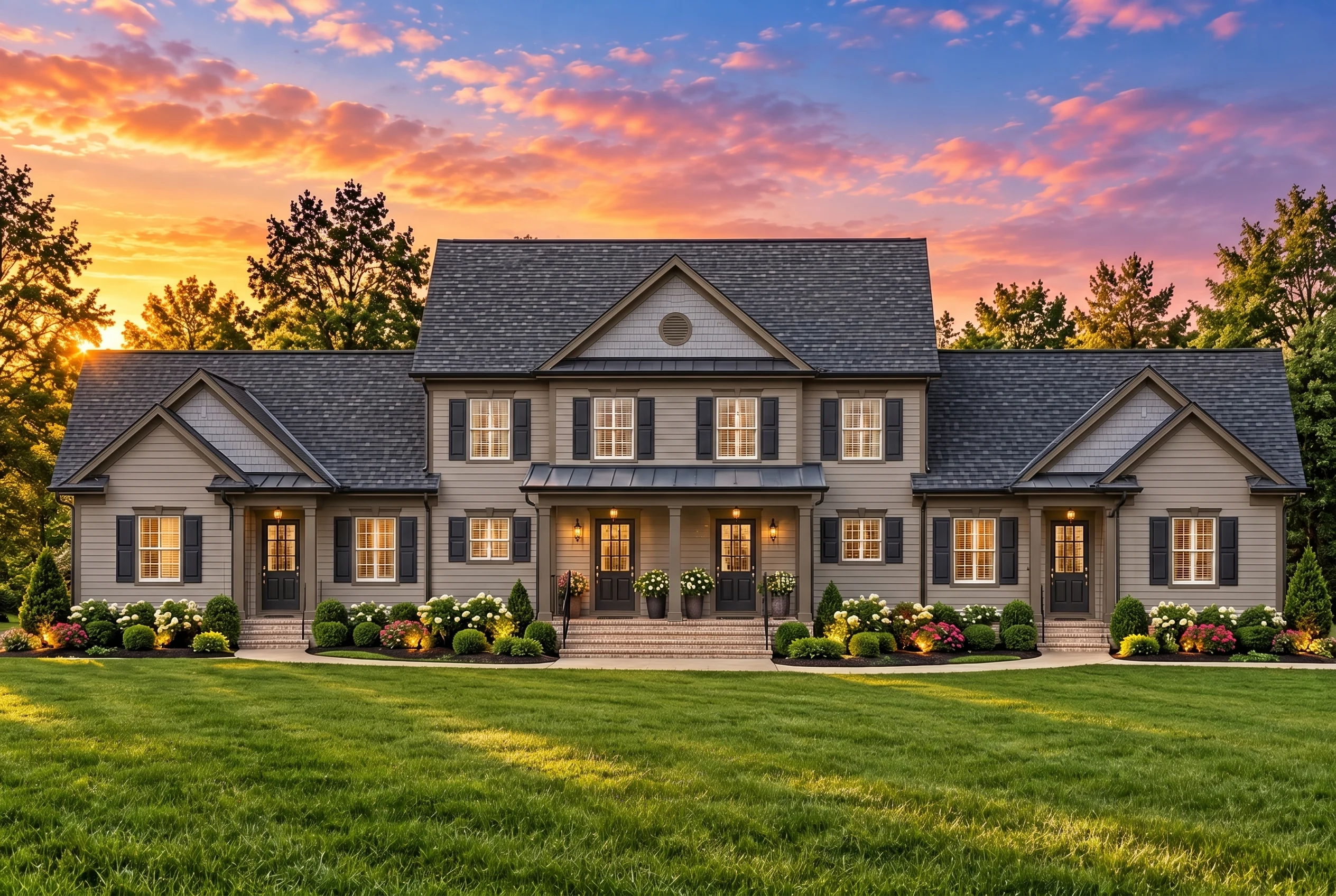 Plan  8-1333 – The Cox Cottage |  MULTI-FAMILY-Colonial Multi-Family – 2-Bed, 1.5-Bath, 3,386 SF - Mushroom Taupe, AI-generated exterior concept