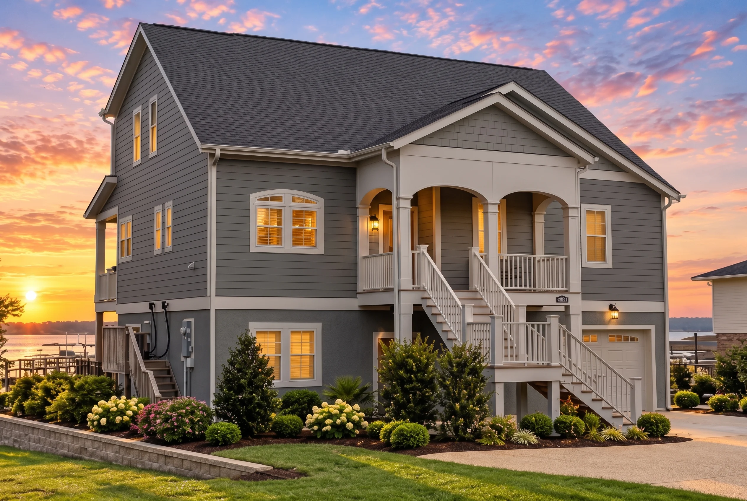 Plan  18-1412 – Russell Meadow |  Coastal Traditional – 4-Bed, 3-Bath, 2,696 SF - Warm Charcoal, AI-generated exterior concept