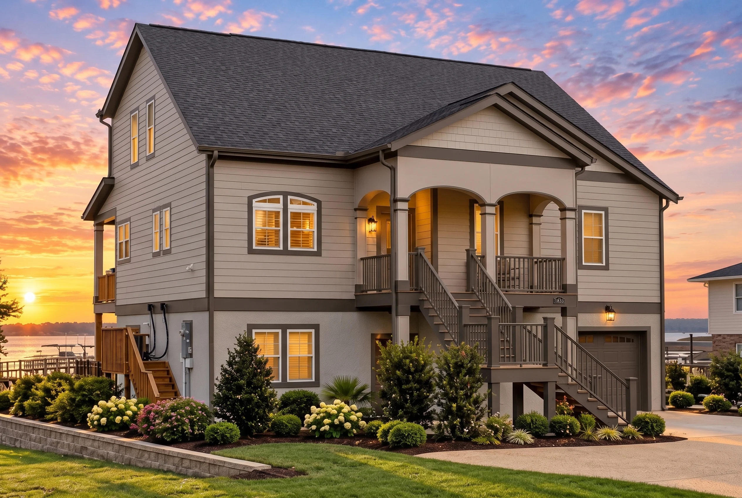 Plan  18-1412 – Russell Meadow |  Coastal Traditional – 4-Bed, 3-Bath, 2,696 SF - Mushroom Taupe, AI-generated exterior concept