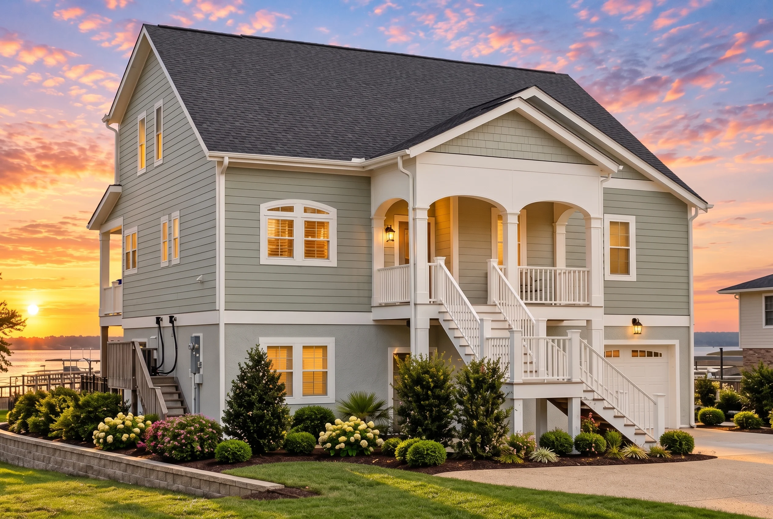 Plan  18-1412 – Russell Meadow |  Coastal Traditional – 4-Bed, 3-Bath, 2,696 SF - Muted Sage, AI-generated exterior concept