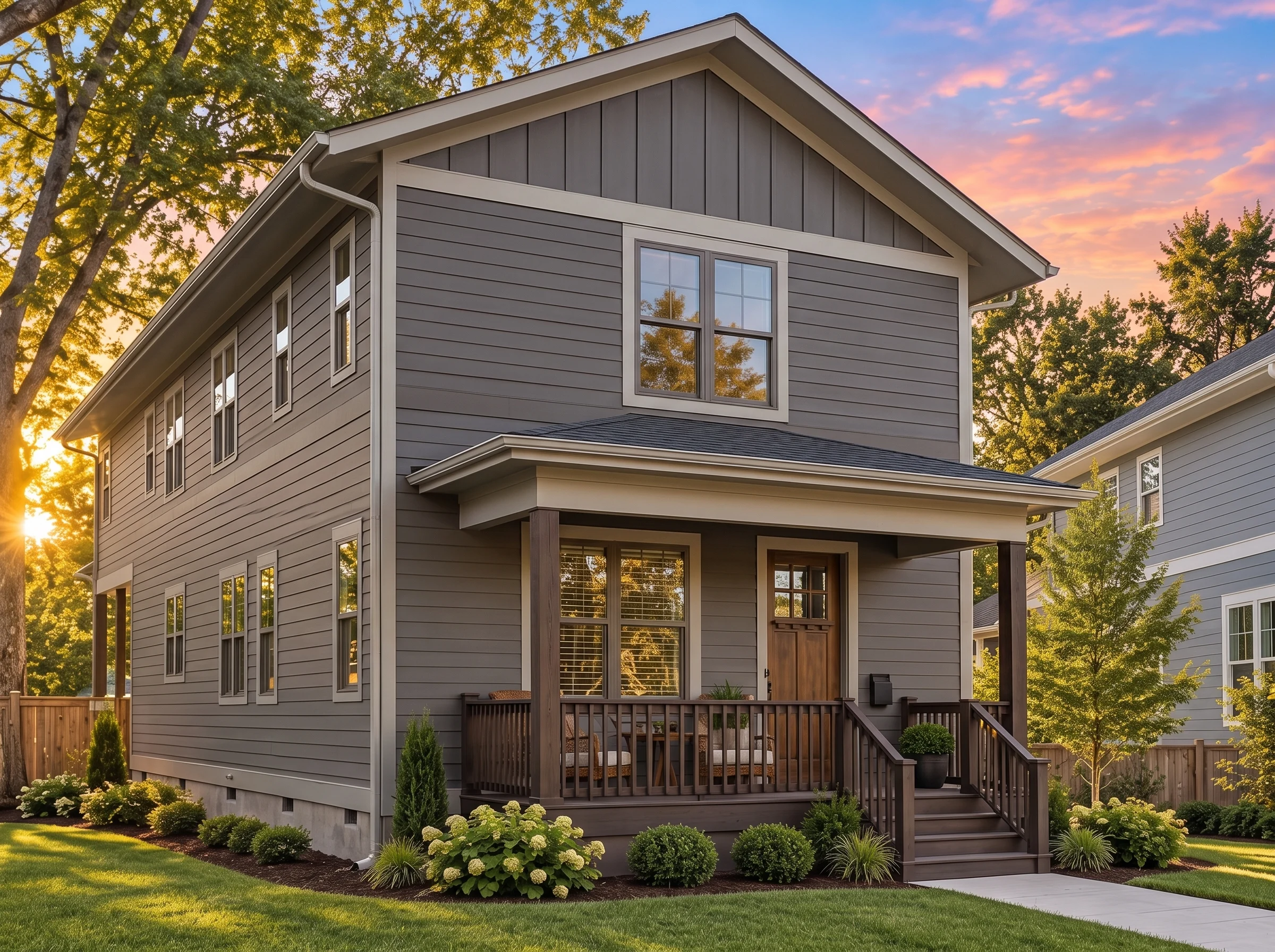 Plan  20-1628 – The Peterson Manor |  Modern Farmhouse – 5-Bed, 5-Bath, 4,236 SF - Warm Charcoal, AI-generated exterior concept