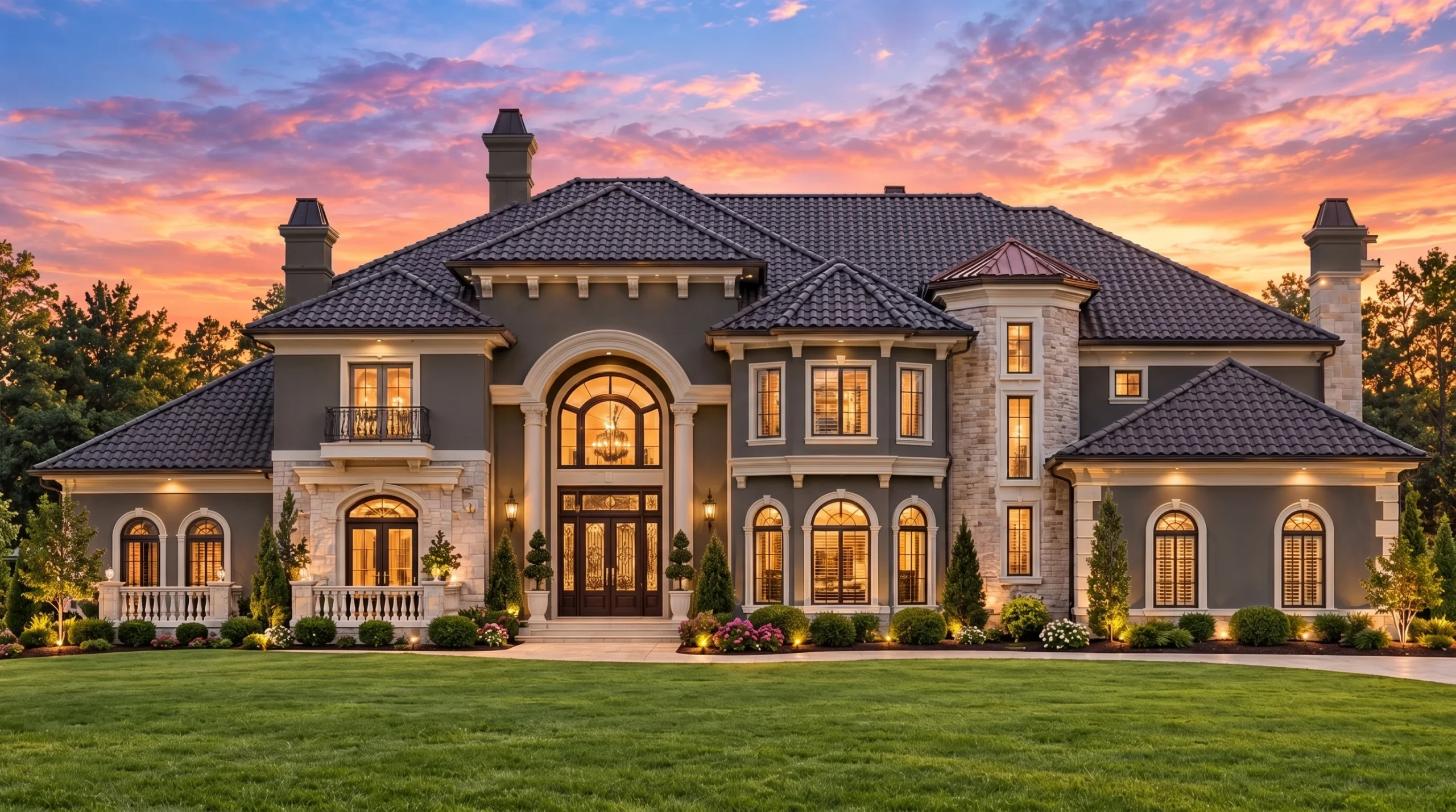 Plan  13-DEBRA – Teakwood Brook Cottage | Mediterranean – 5-Bed, 5-Bath, 6,110 SF - Warm Charcoal, AI-generated exterior concept