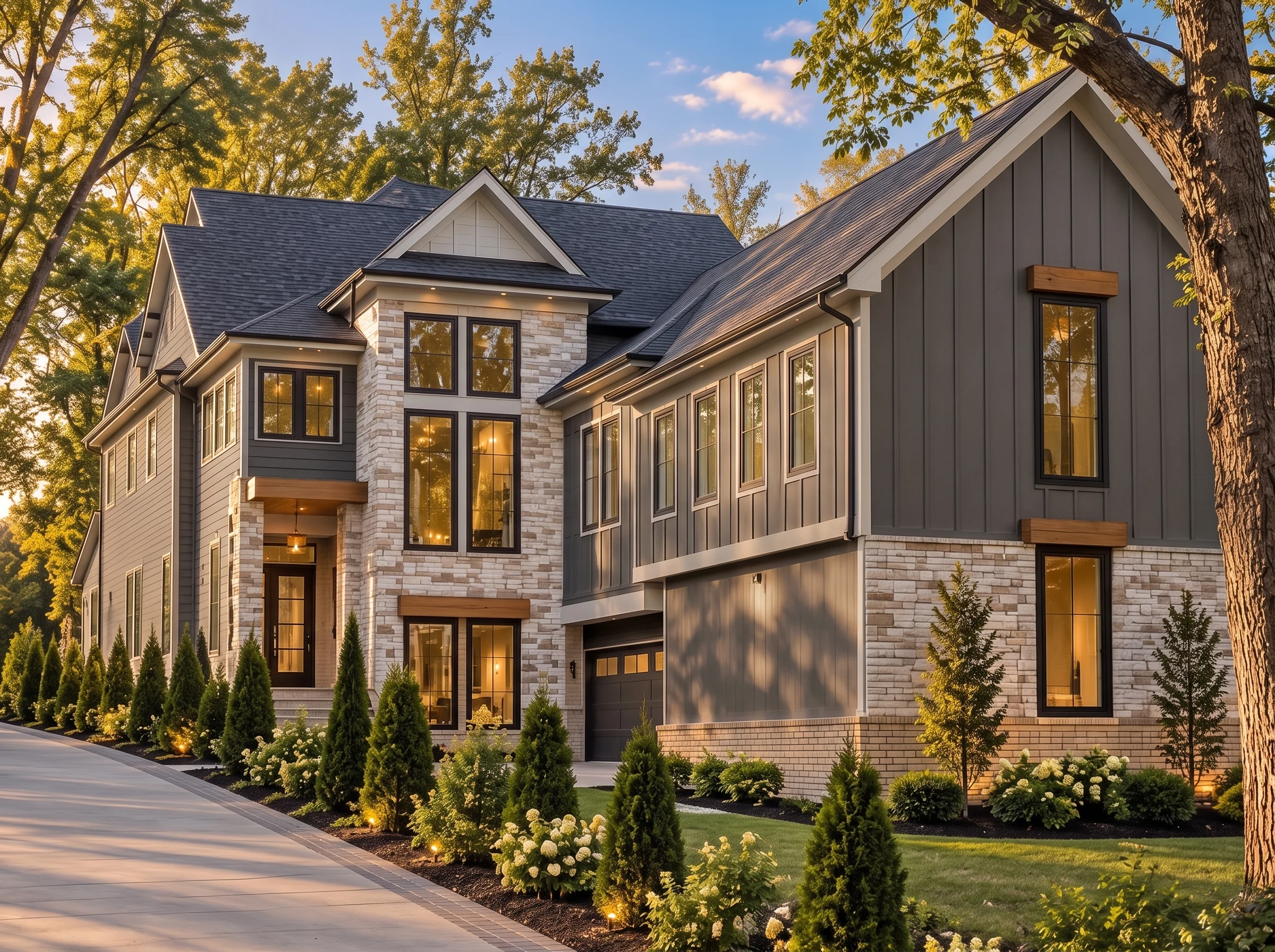 Plan  20-1652 – Gray Retreat | New  American – 4-Bed, 5-Bath, 4,452 SF - Warm Charcoal, AI-generated exterior concept