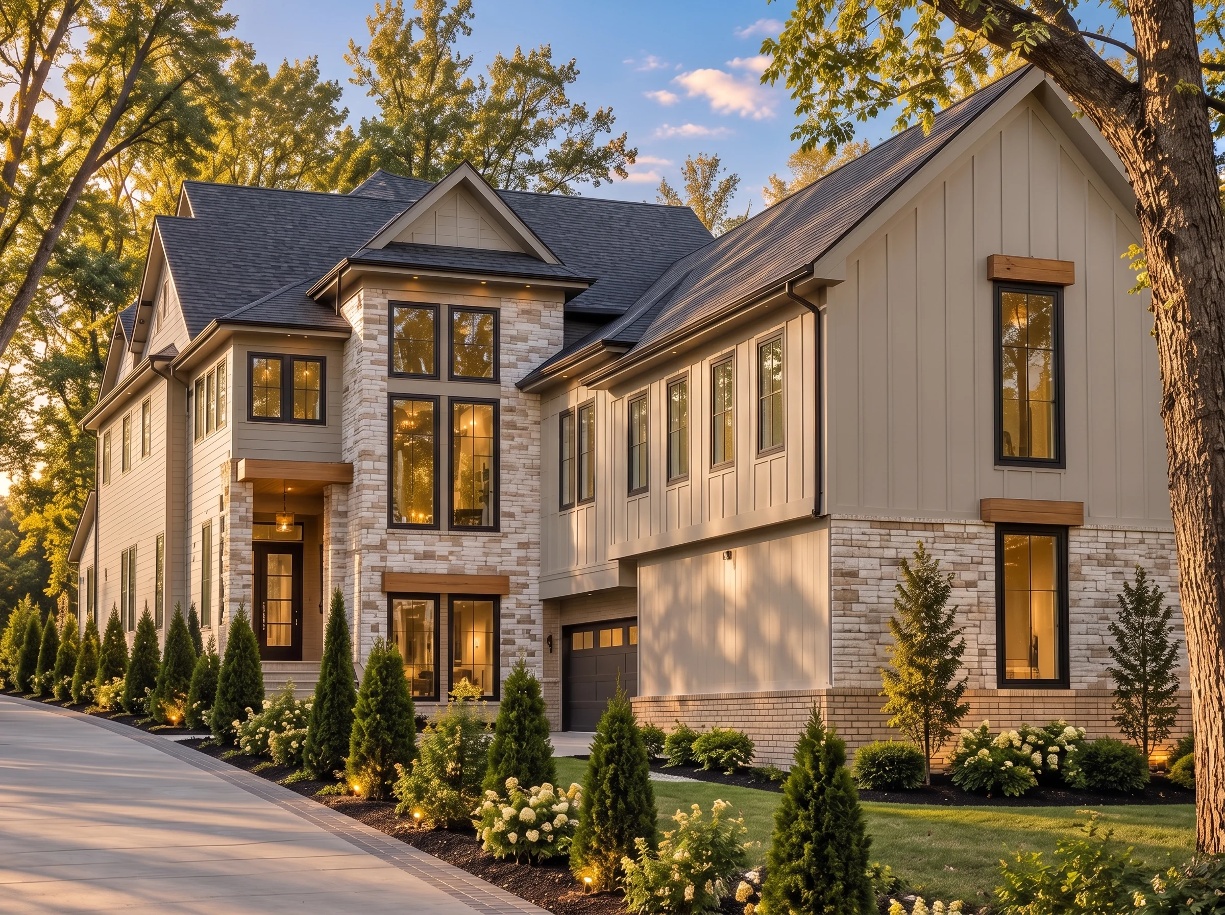 Plan  20-1652 – Gray Retreat | New  American – 4-Bed, 5-Bath, 4,452 SF - Mushroom Taupe, AI-generated exterior concept