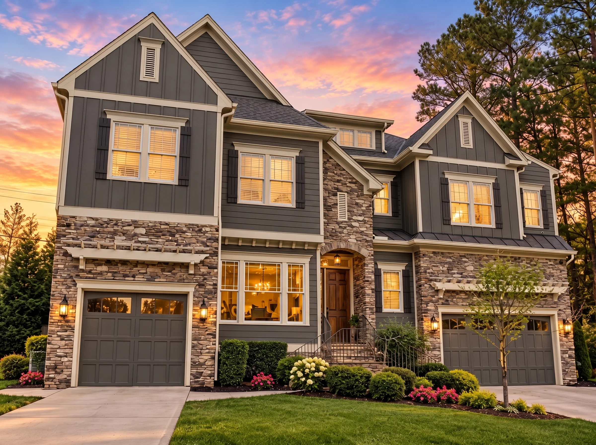 Plan  15-1007 – Walnut Ridge Farm |  New American – 4-Bed, 4-Bath, 4,521 SF - Warm Charcoal, AI-generated exterior concept