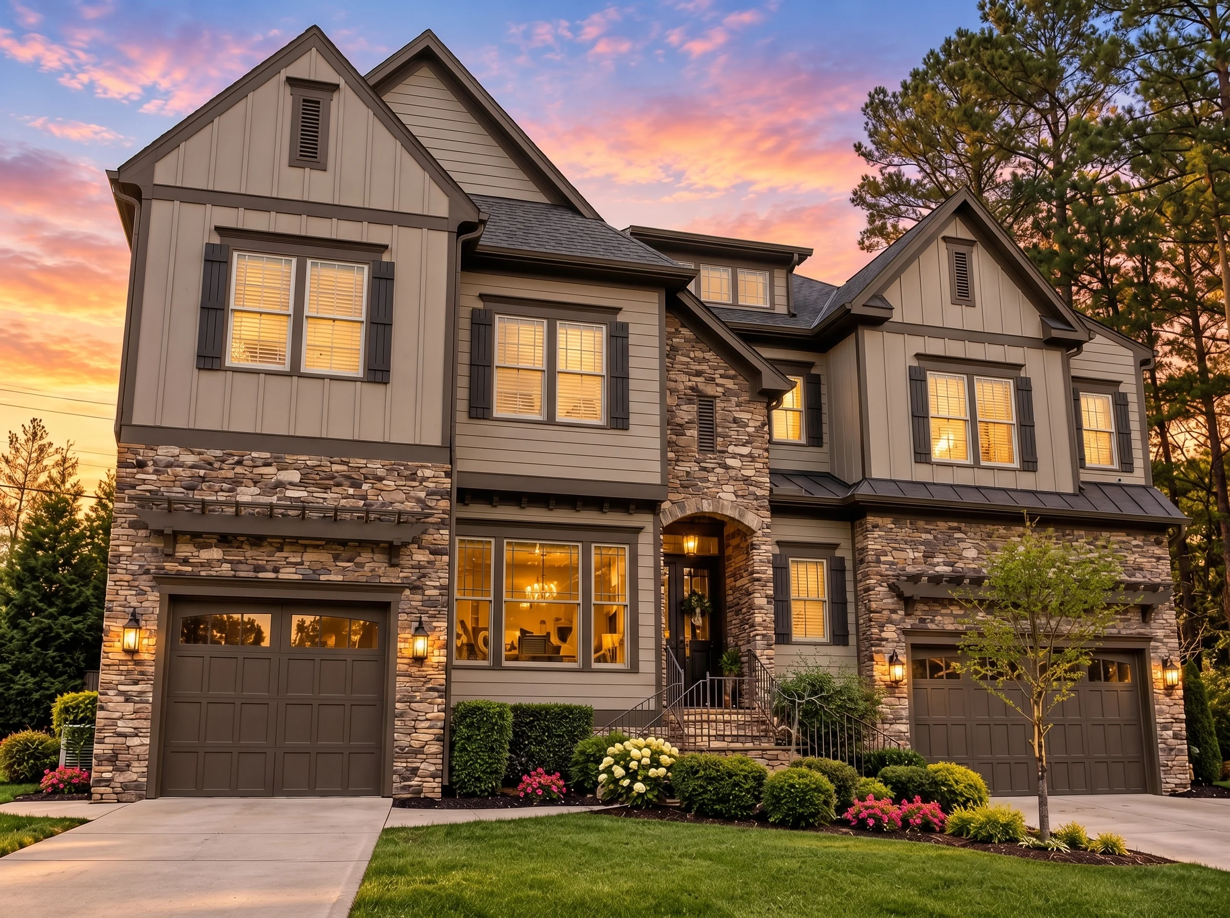 Plan  15-1007 – Walnut Ridge Farm |  New American – 4-Bed, 4-Bath, 4,521 SF - Mushroom Taupe, AI-generated exterior concept