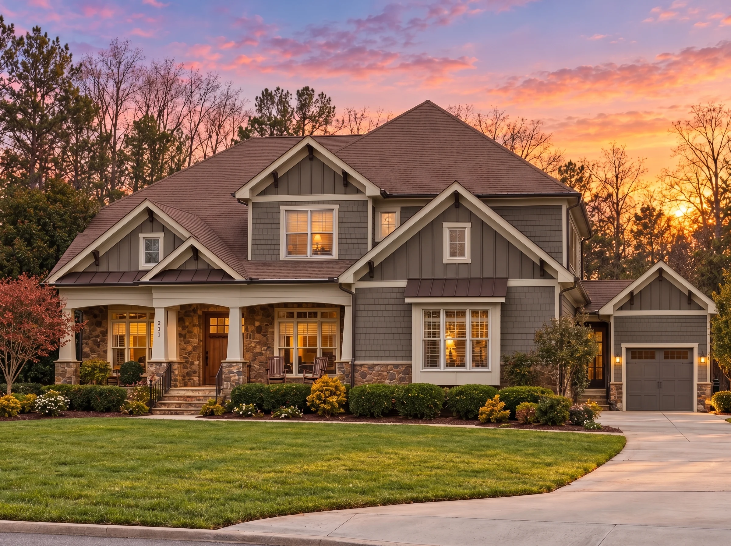 Plan  11-1925 – Juniper Glen Farmhouse  | New American – 5-Bed, 5-Bath, 5,658 SF - Warm Charcoal, AI-generated exterior concept