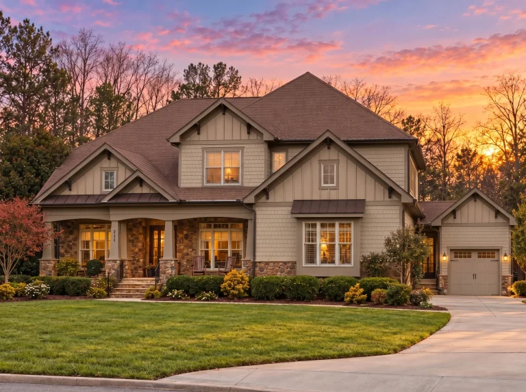 Plan  11-1925 – Juniper Glen Farmhouse  | New American – 5-Bed, 5-Bath, 5,658 SF - Mushroom Taupe, AI-generated exterior concept