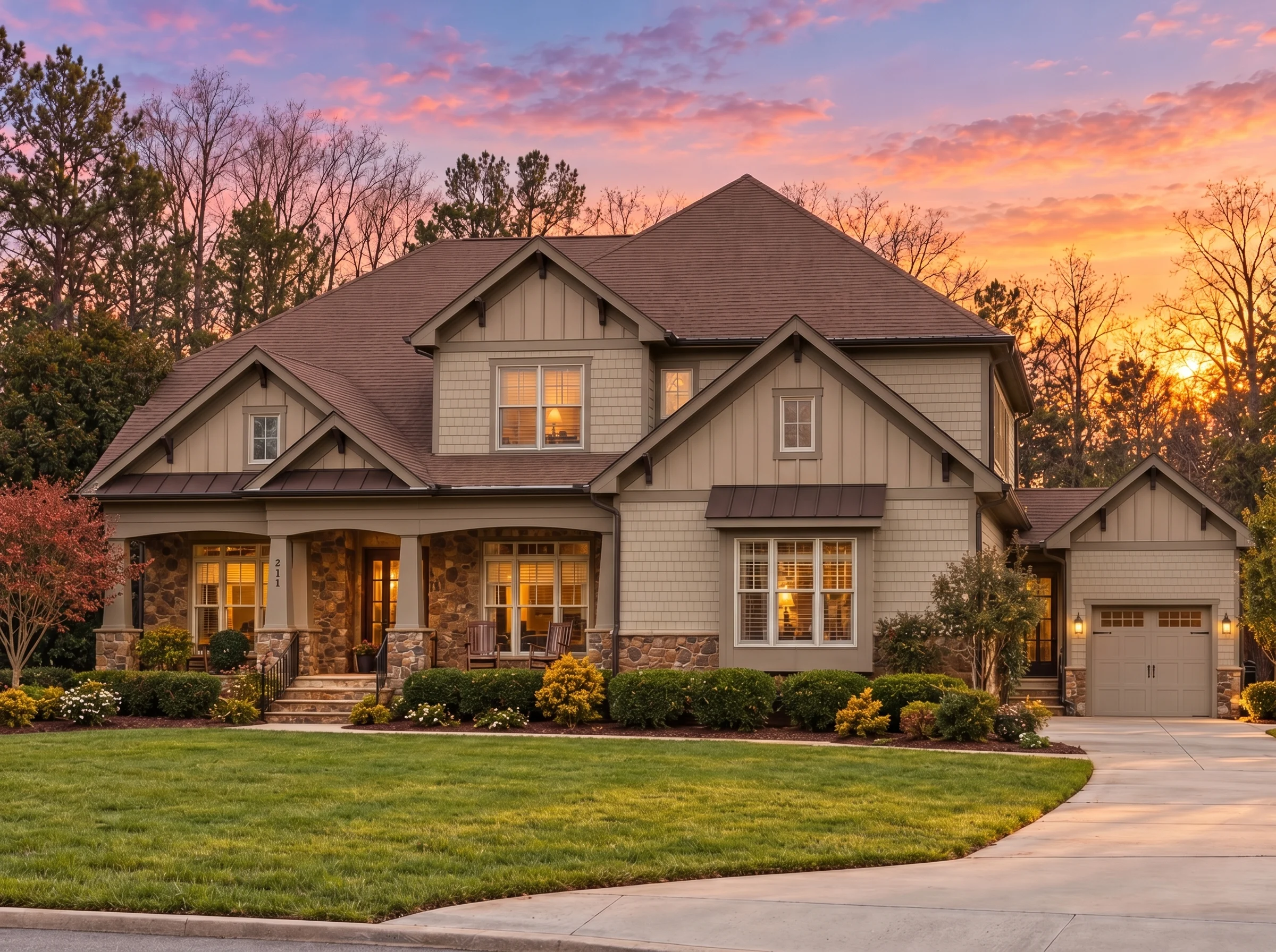 Plan  11-1925 – Juniper Glen Farmhouse  | New American – 5-Bed, 5-Bath, 5,658 SF - Mushroom Taupe, AI-generated exterior concept
