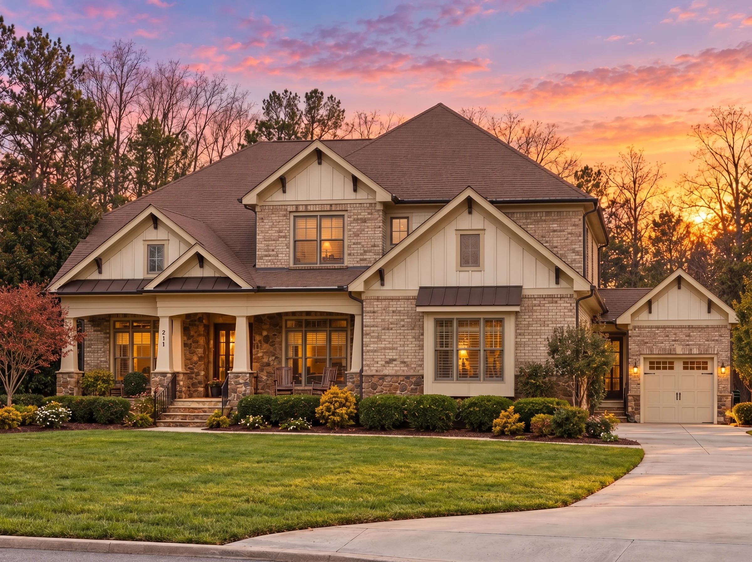 Plan  11-1925 – Juniper Glen Farmhouse  | New American – 5-Bed, 5-Bath, 5,658 SF - Natural Brick, AI-generated exterior concept