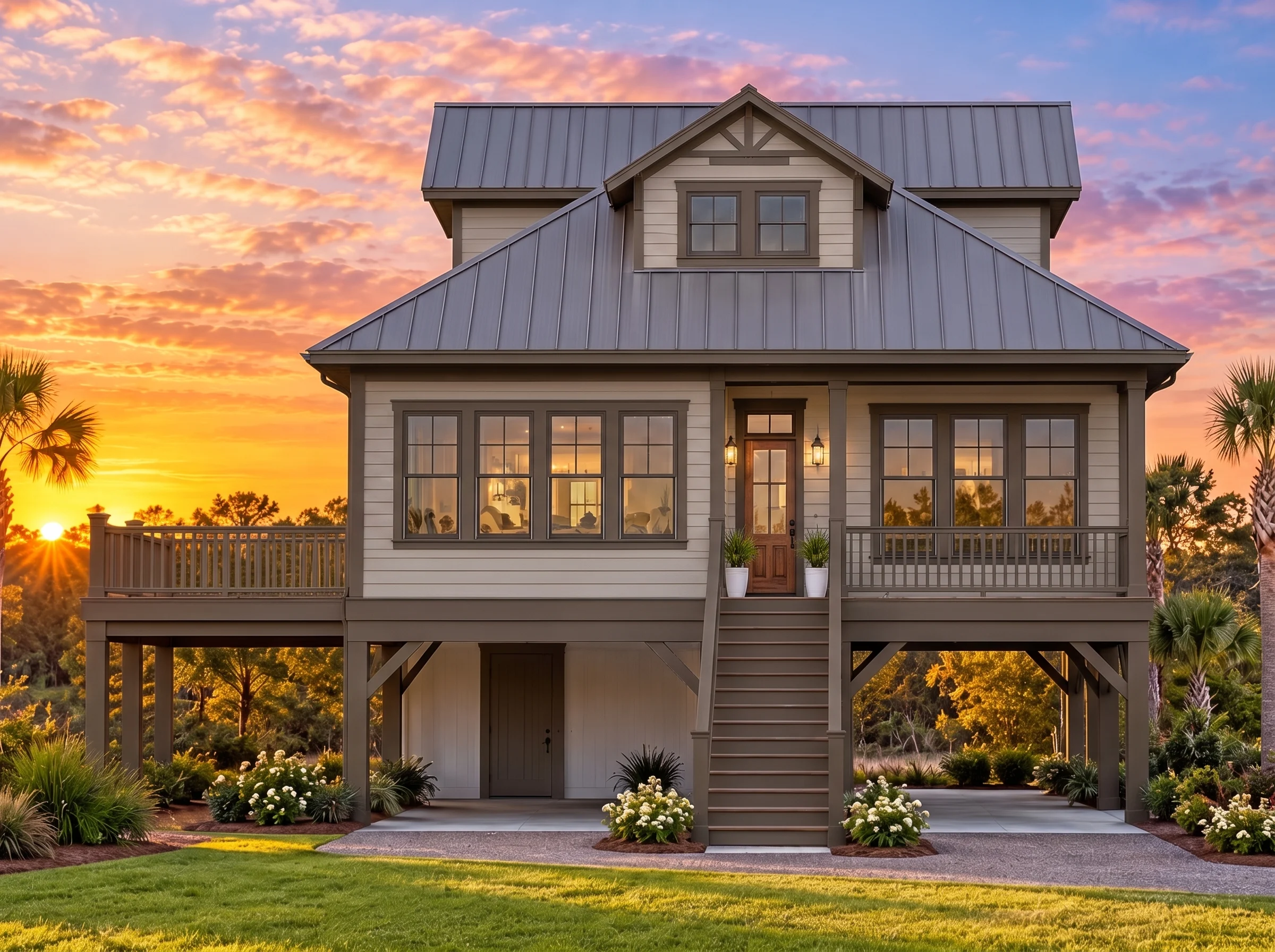 Plan  14-1463 – Cedar Shores Retreat  | Modern Farmhouse Coastal – 4-Bed, 3-Bath, 2,181 SF - Mushroom Taupe, AI-generated exterior concept