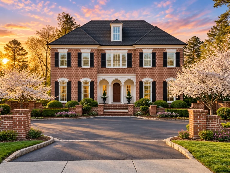 Front elevation of a Georgian Colonial style brick house with symmetrical windows, shuttered detailing, and arched front porch entry