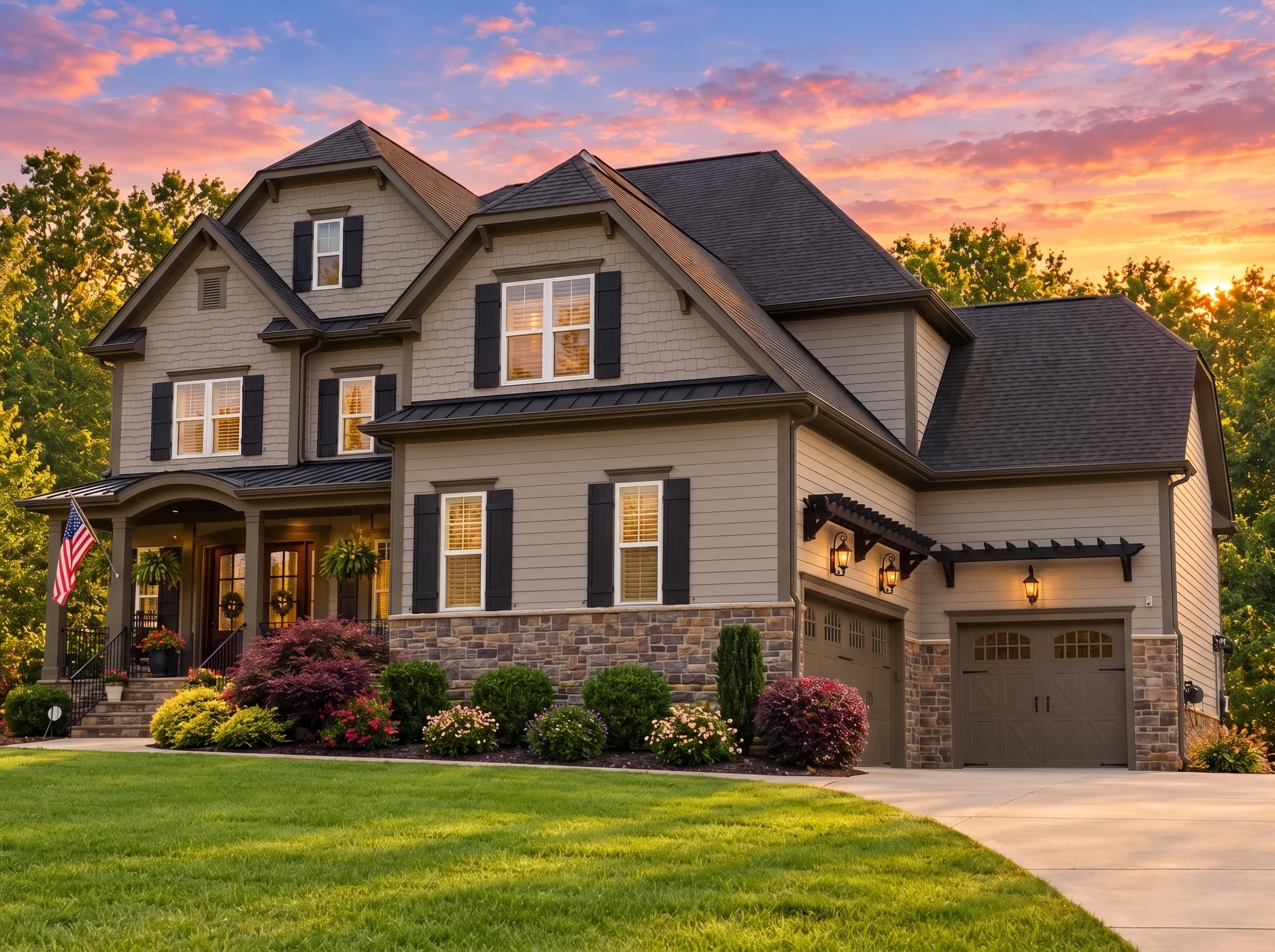 Plan  13-1633 – Teakwood Brook Manor  | Traditional Colonial – 5-Bed, 5-Bath, 5,855 SF - Mushroom Taupe, AI-generated exterior concept