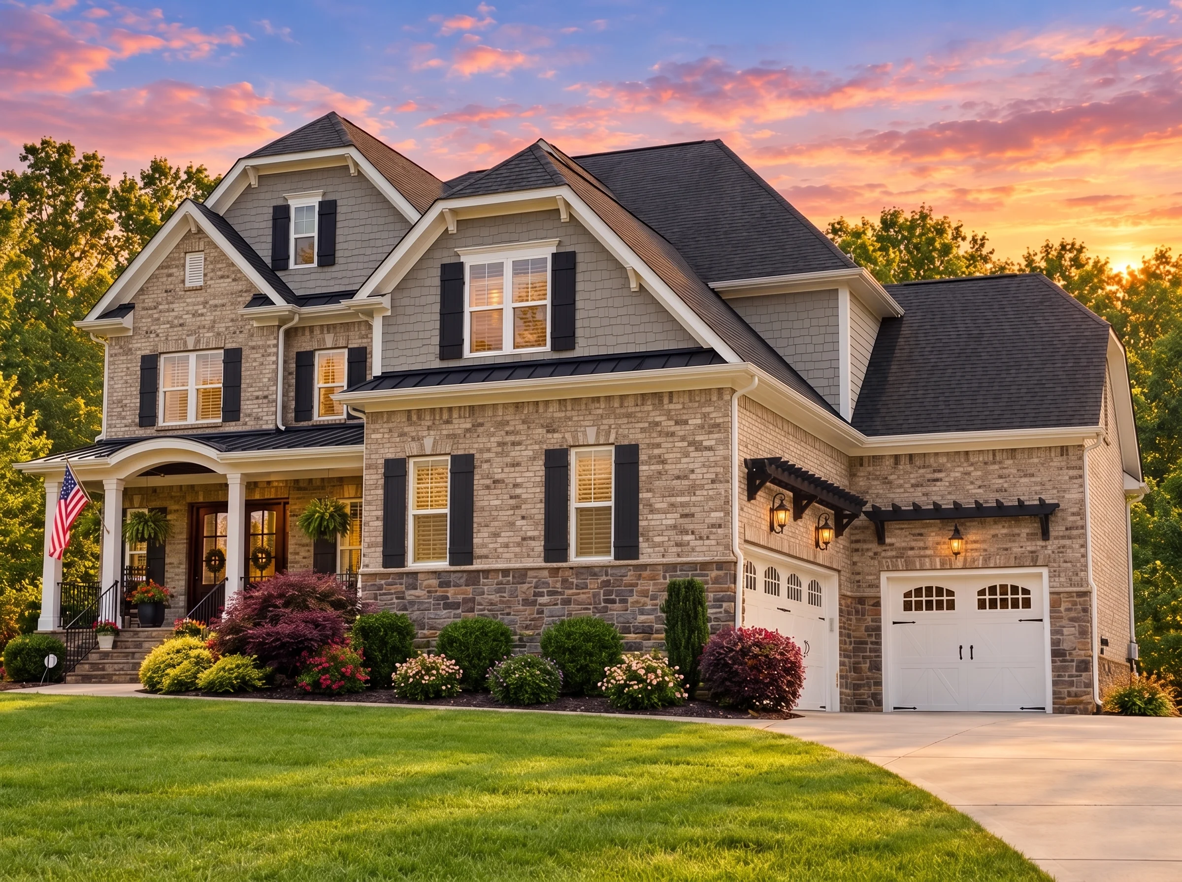 Plan  13-1633 – Teakwood Brook Manor  | Traditional Colonial – 5-Bed, 5-Bath, 5,855 SF - Natural Brick, AI-generated exterior concept