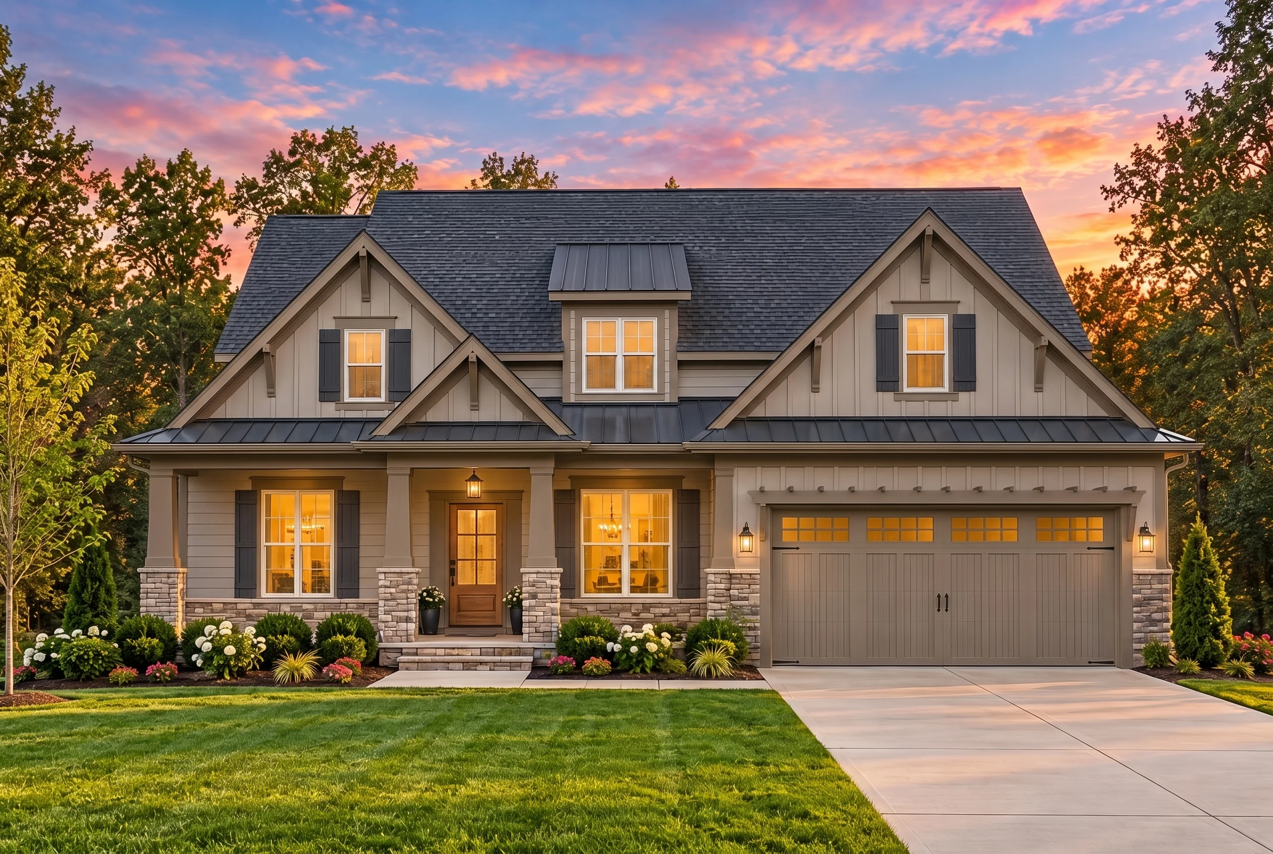 Plan  12-2885 – Magnolia Valley |  Modern Farmhouse – 4-Bed, 3-Bath, 2,572 SF - Mushroom Taupe, AI-generated exterior concept