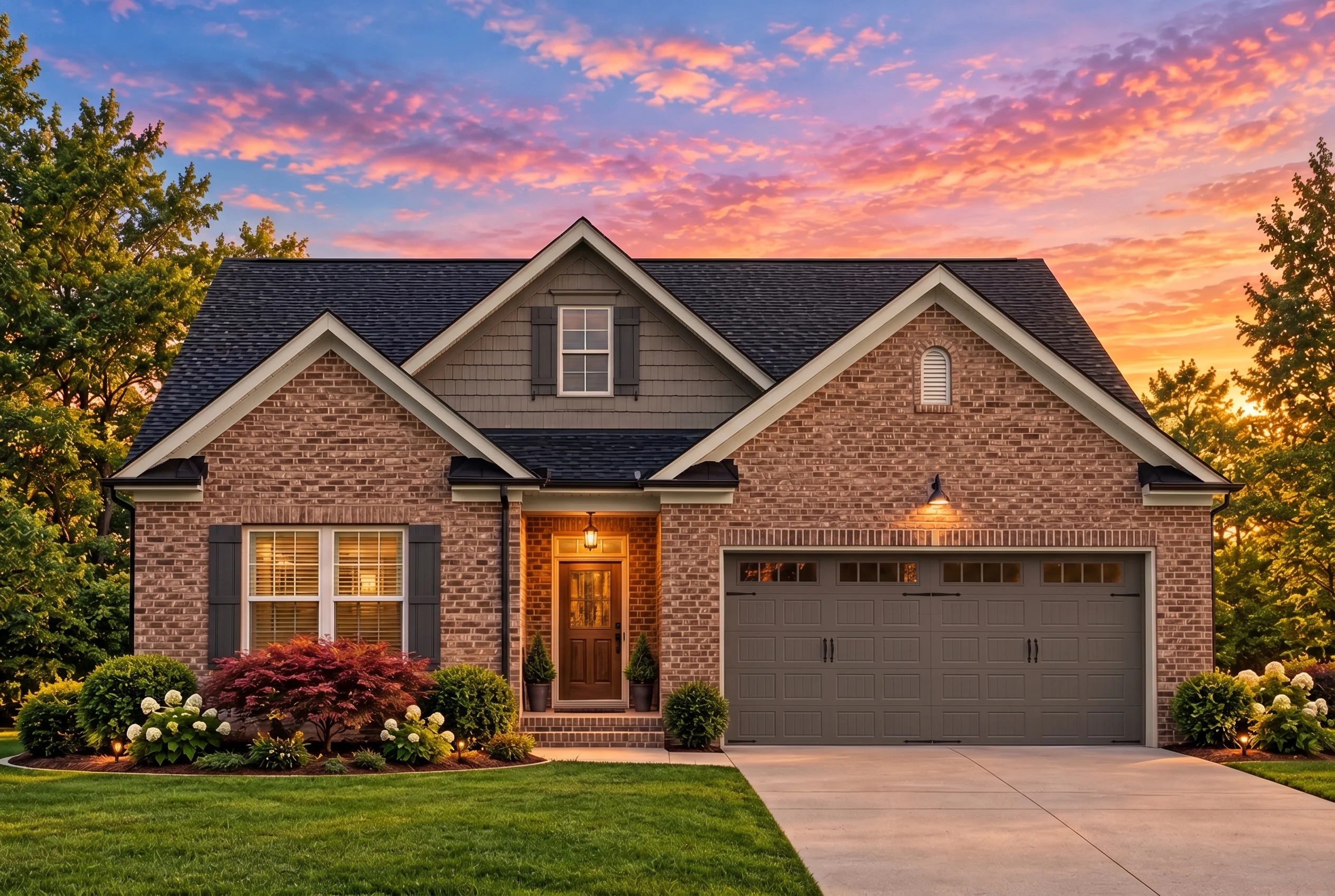 Plan  13-1401 – Hickory Bluff Retreat  | MAGNOLIA-Traditional Ranch – 3-Bed, 2.5-Bath, 2,315 SF - Warm Charcoal, AI-generated exterior concept
