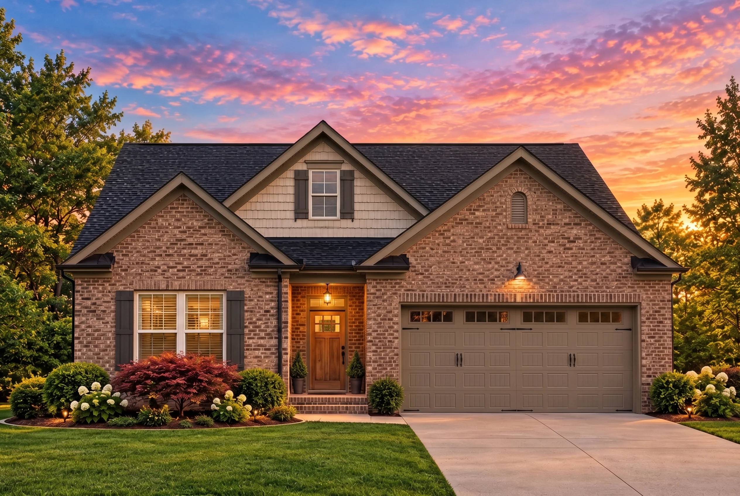 Plan  13-1401 – Hickory Bluff Retreat  | MAGNOLIA-Traditional Ranch – 3-Bed, 2.5-Bath, 2,315 SF - Mushroom Taupe, AI-generated exterior concept