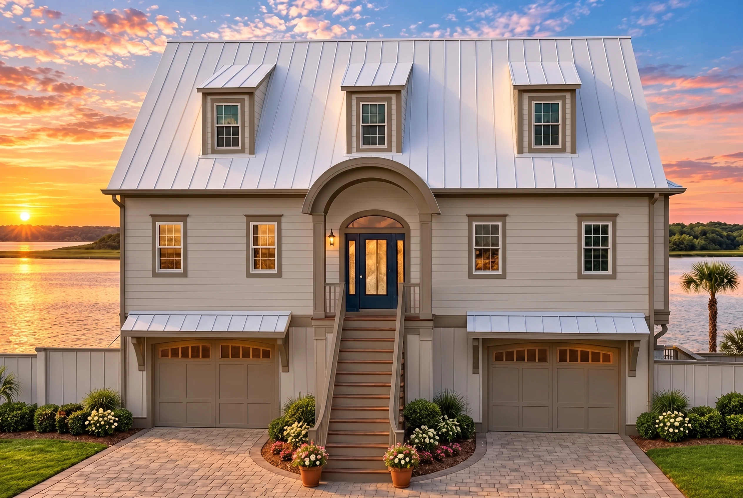 Plan  18-1323 – The Simmons Haven |  Coastal – 3-Bed, 3-Bath, 3,021 SF - Mushroom Taupe, AI-generated exterior concept