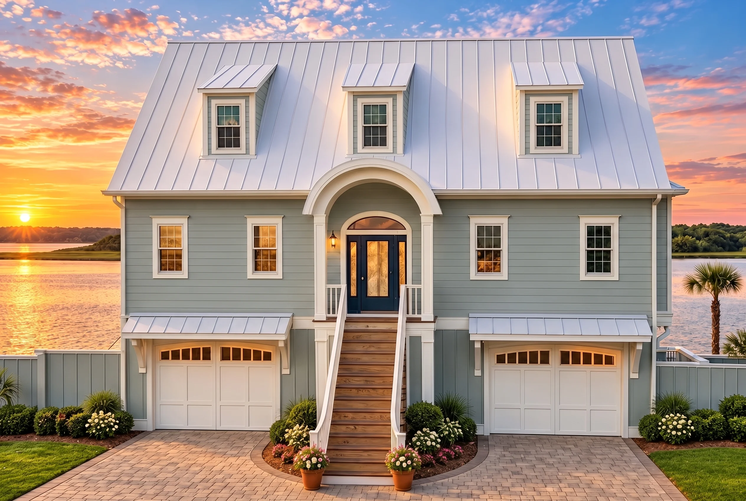 Plan  18-1323 – The Simmons Haven |  Coastal – 3-Bed, 3-Bath, 3,021 SF - Muted Sage, AI-generated exterior concept