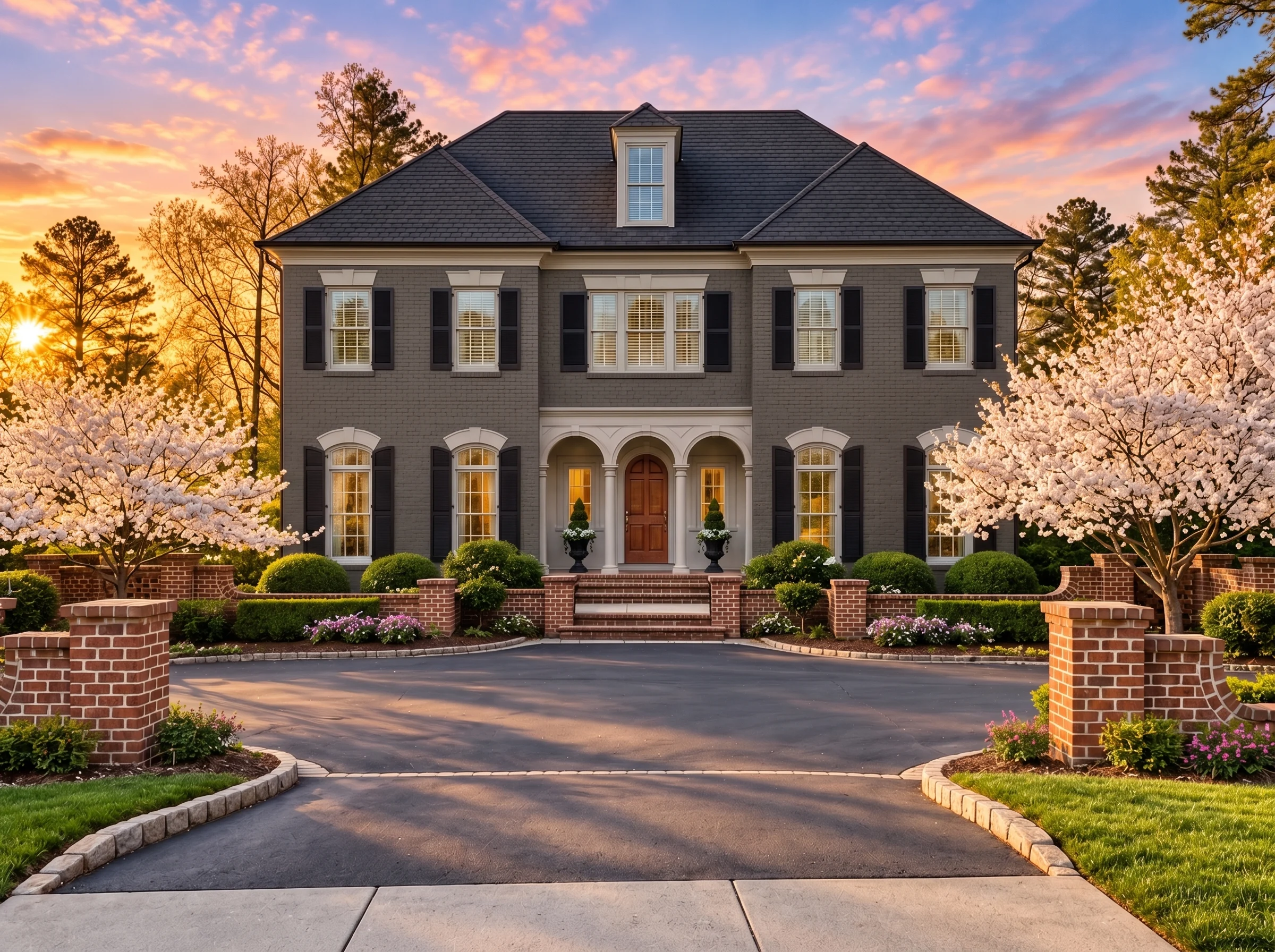 Plan  12-2075 – Dogwood Valley Estate  | Georgian Colonial – 4-Bed, 5-Bath, 7,362 SF - Warm Charcoal, AI-generated exterior concept