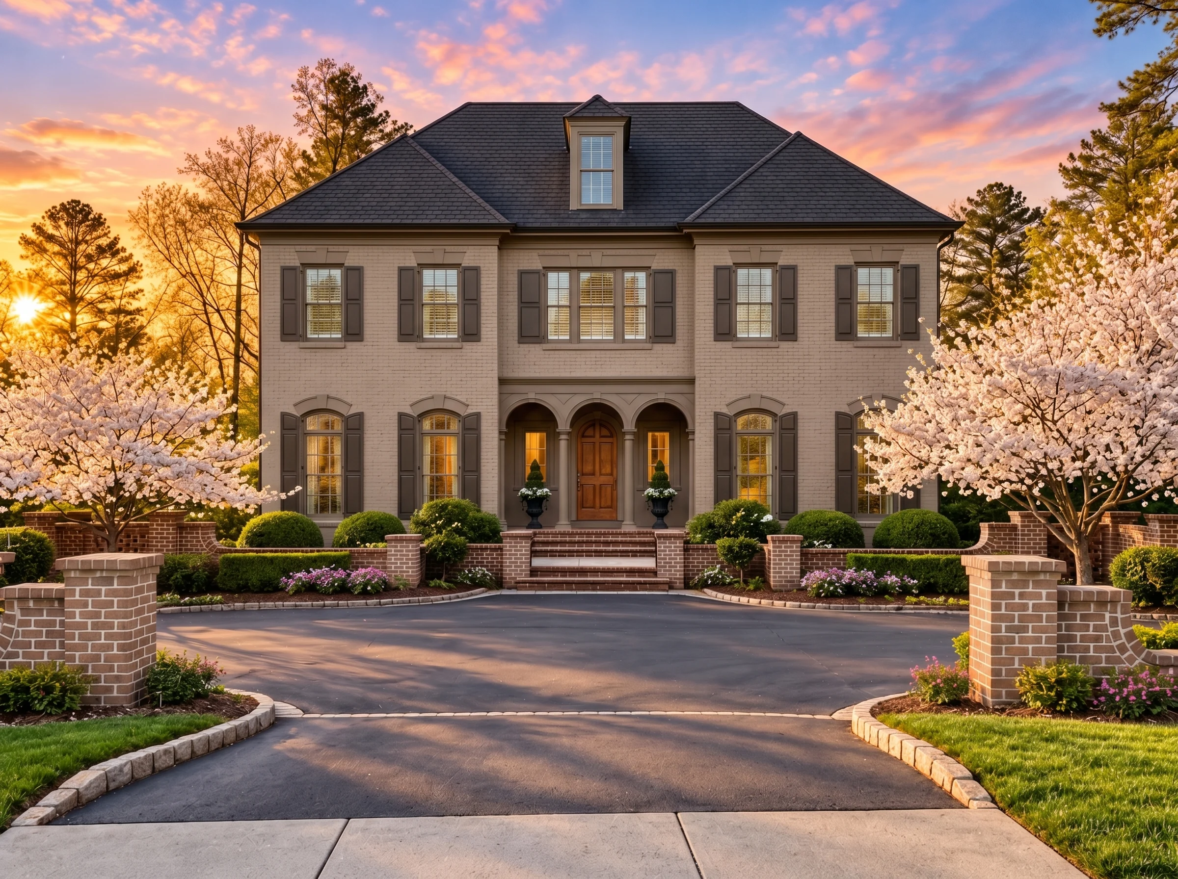 Plan  12-2075 – Dogwood Valley Estate  | Georgian Colonial – 4-Bed, 5-Bath, 7,362 SF - Mushroom Taupe, AI-generated exterior concept