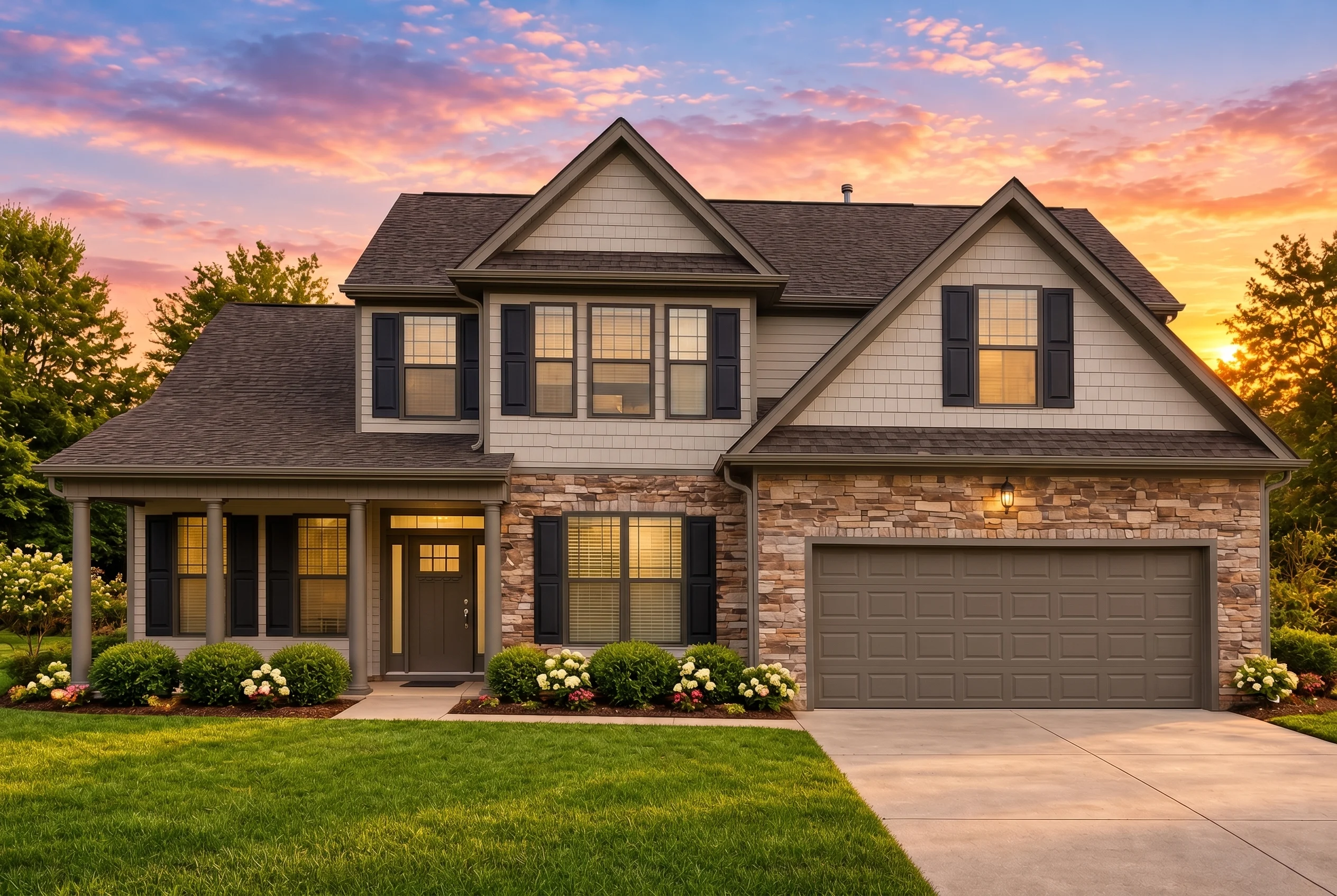 Plan  9-1086 – Allen Lodge |  Traditional Colonial – 4-Bed, 3.5-Bath, 2,545 SF - Mushroom Taupe, AI-generated exterior concept