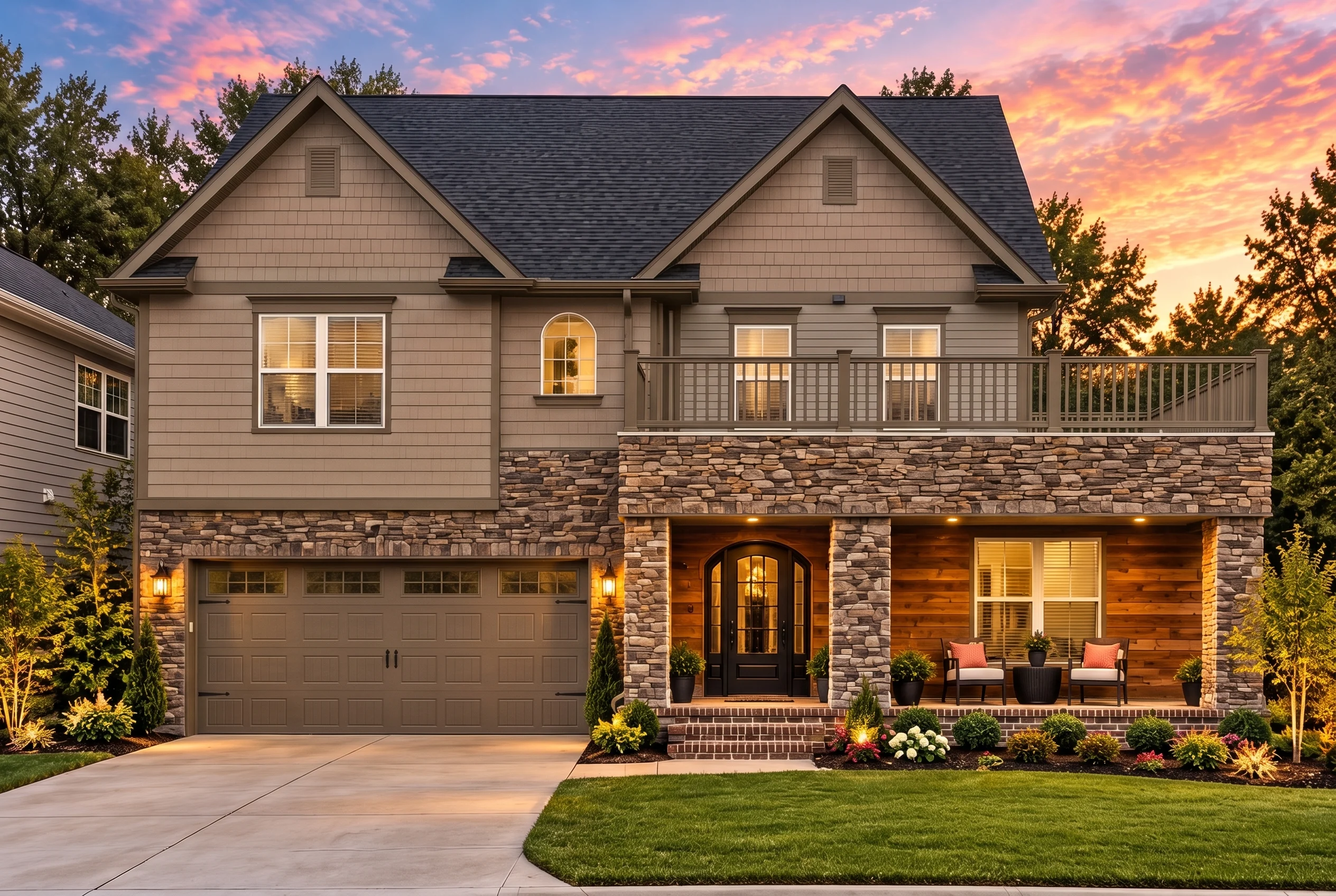 Plan  18-1521 – The Davis Haven |  New American – 4-Bed, 3.5-Bath, 3,082 SF - Mushroom Taupe, AI-generated exterior concept