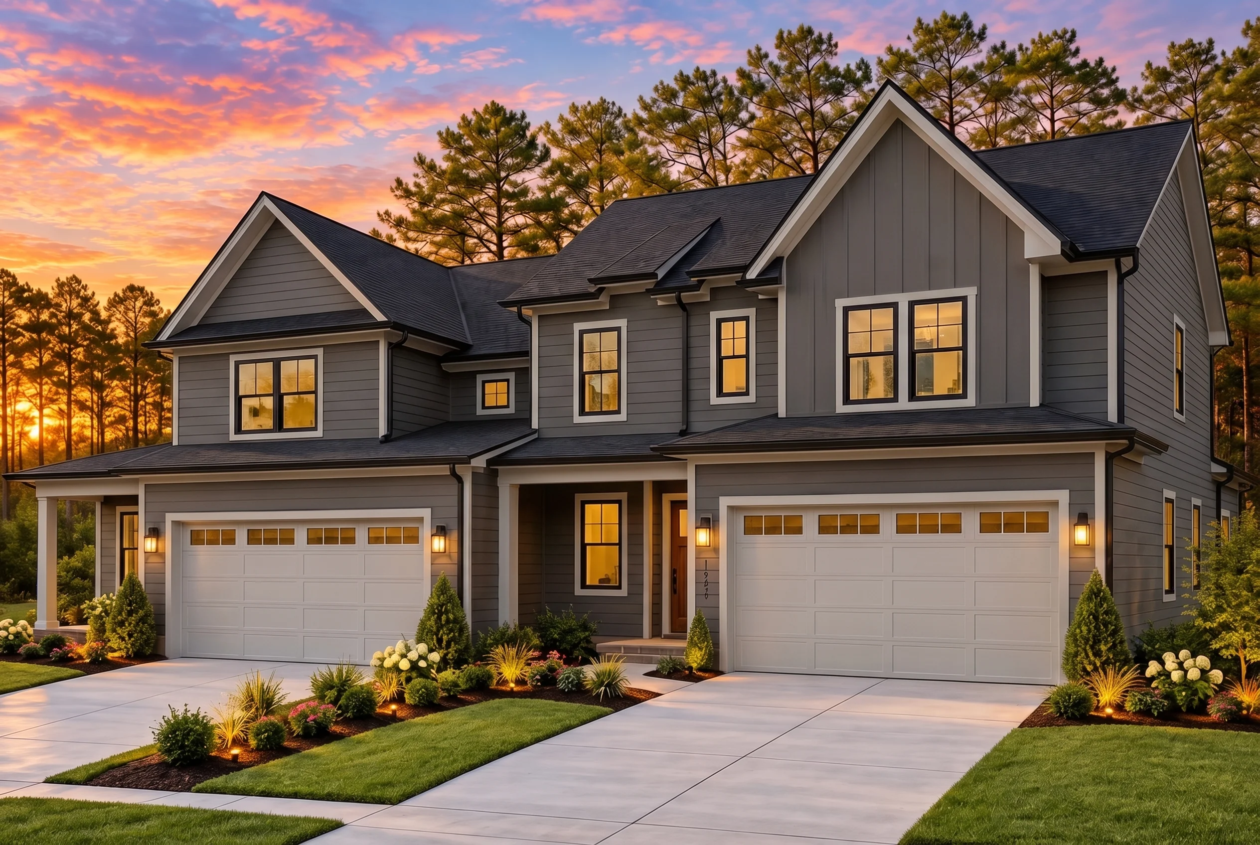 Plan  20-1704 – The Price Farmhouse  | Modern Farmhouse Duplex – 3-Bed, 3-Bath, 2,200 SF - Warm Charcoal, AI-generated exterior concept