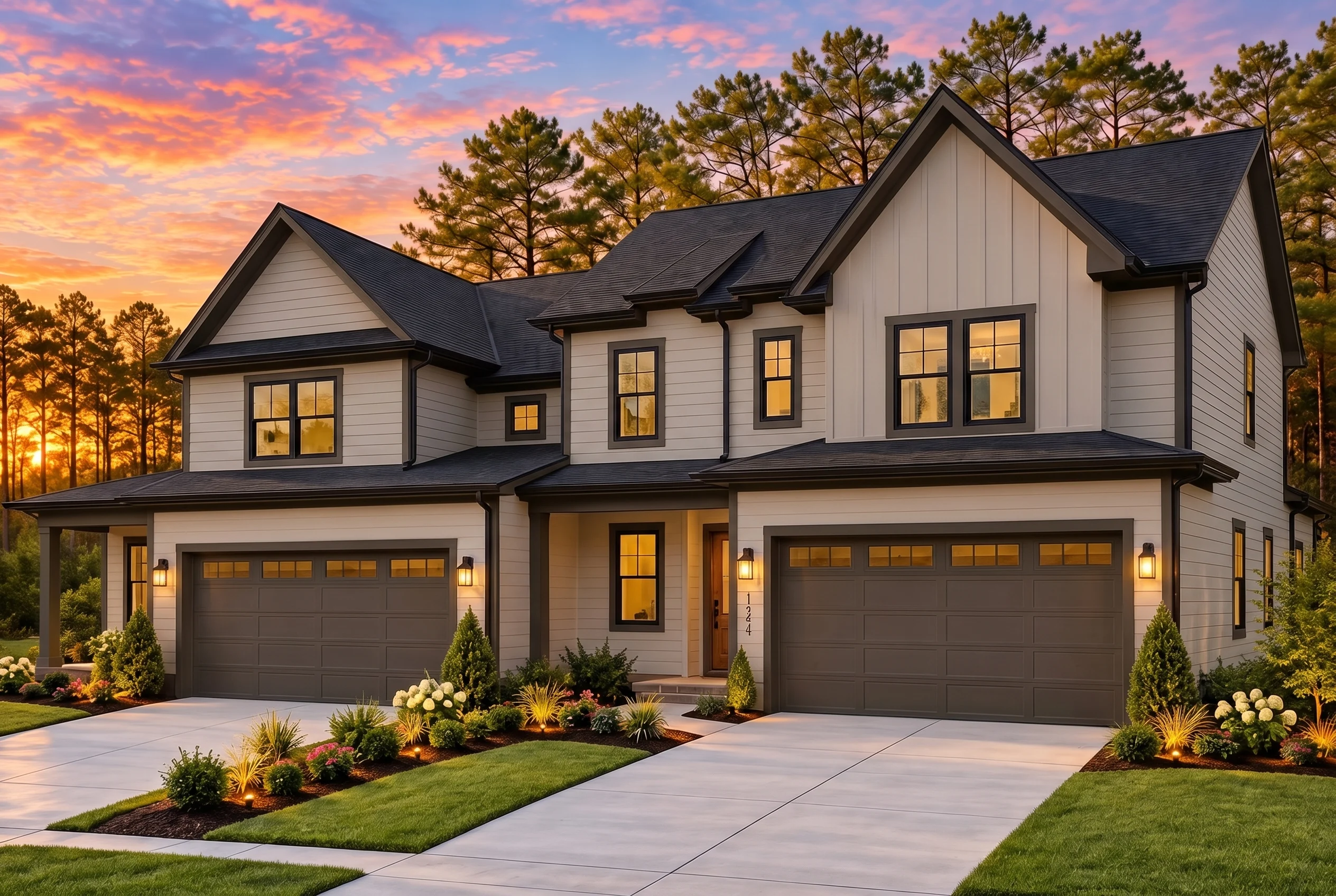 Plan  20-1704 – The Price Farmhouse  | Modern Farmhouse Duplex – 3-Bed, 3-Bath, 2,200 SF - Mushroom Taupe, AI-generated exterior concept