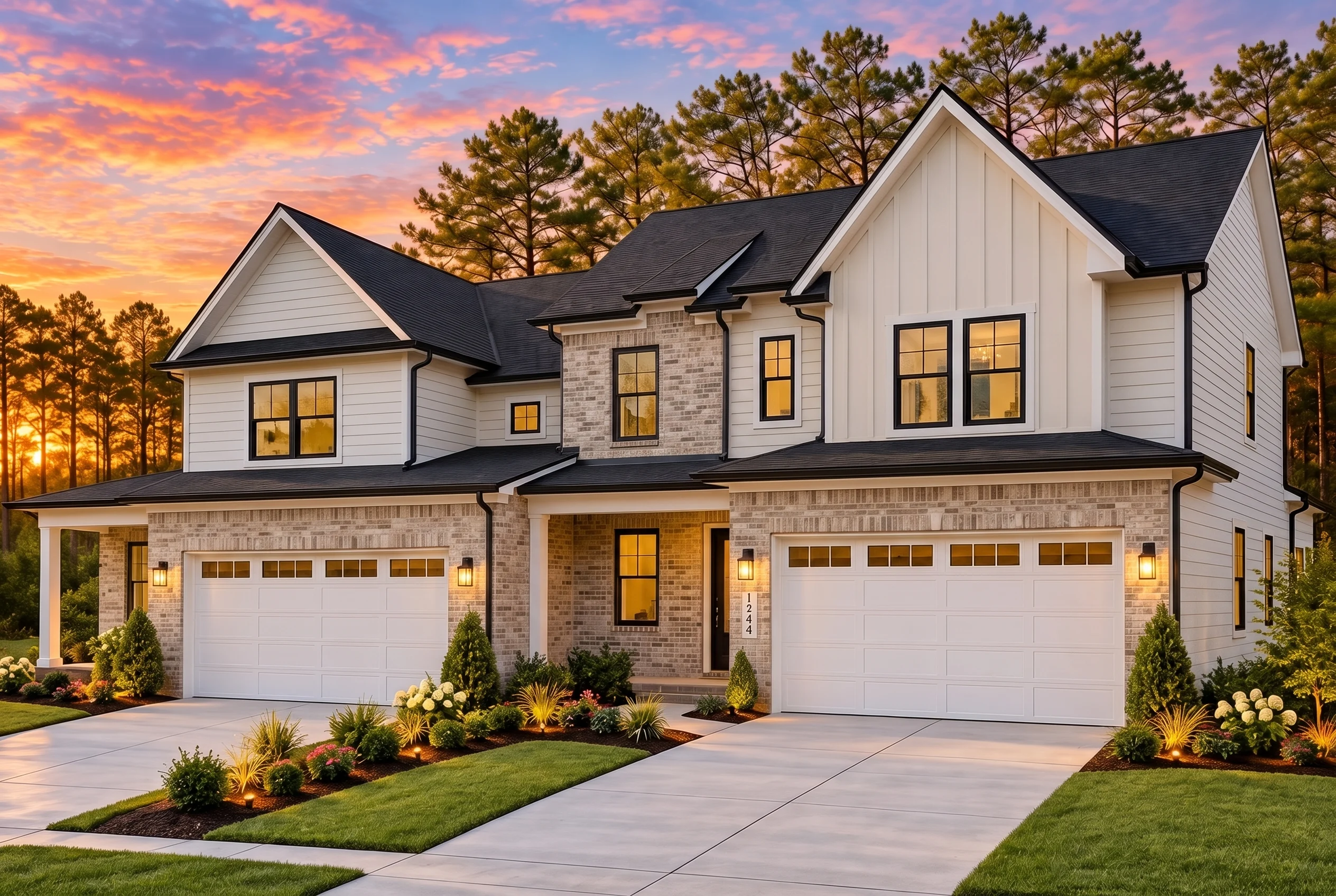 Plan  20-1704 – The Price Farmhouse  | Modern Farmhouse Duplex – 3-Bed, 3-Bath, 2,200 SF - Natural Brick, AI-generated exterior concept