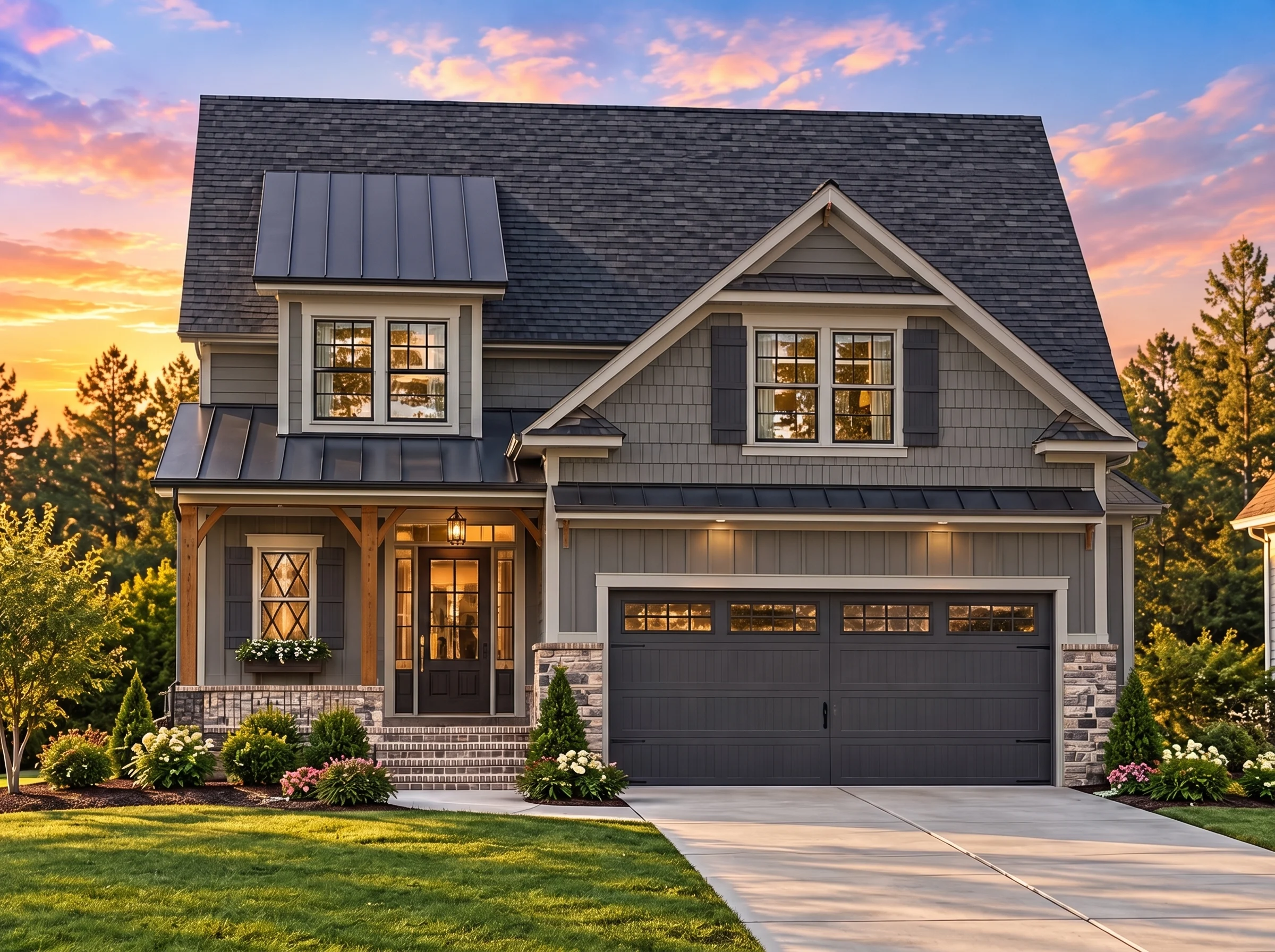 Plan  8-1279 – Morgan Lodge |  Traditional – 3-Bed, 2.5-Bath, 1,484 SF - Warm Charcoal, AI-generated exterior concept