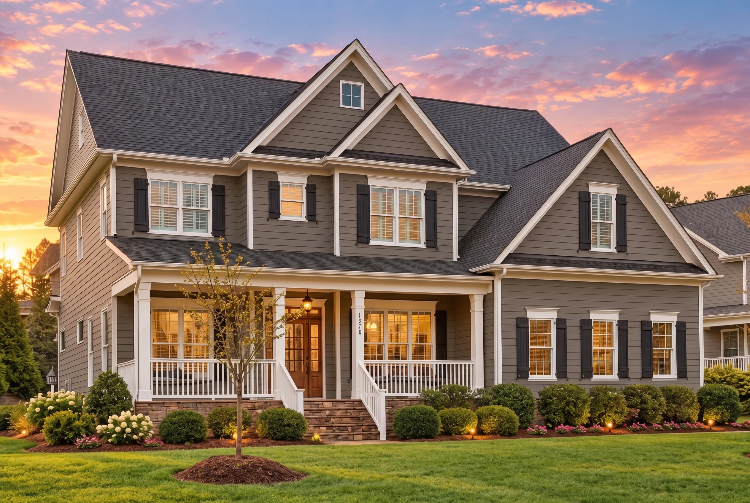 Plan  10-1053B – Hawthorn Cottage |  Shingle Style – 5-Bed, 5-Bath, 4,452 SF - Warm Charcoal, AI-generated exterior concept
