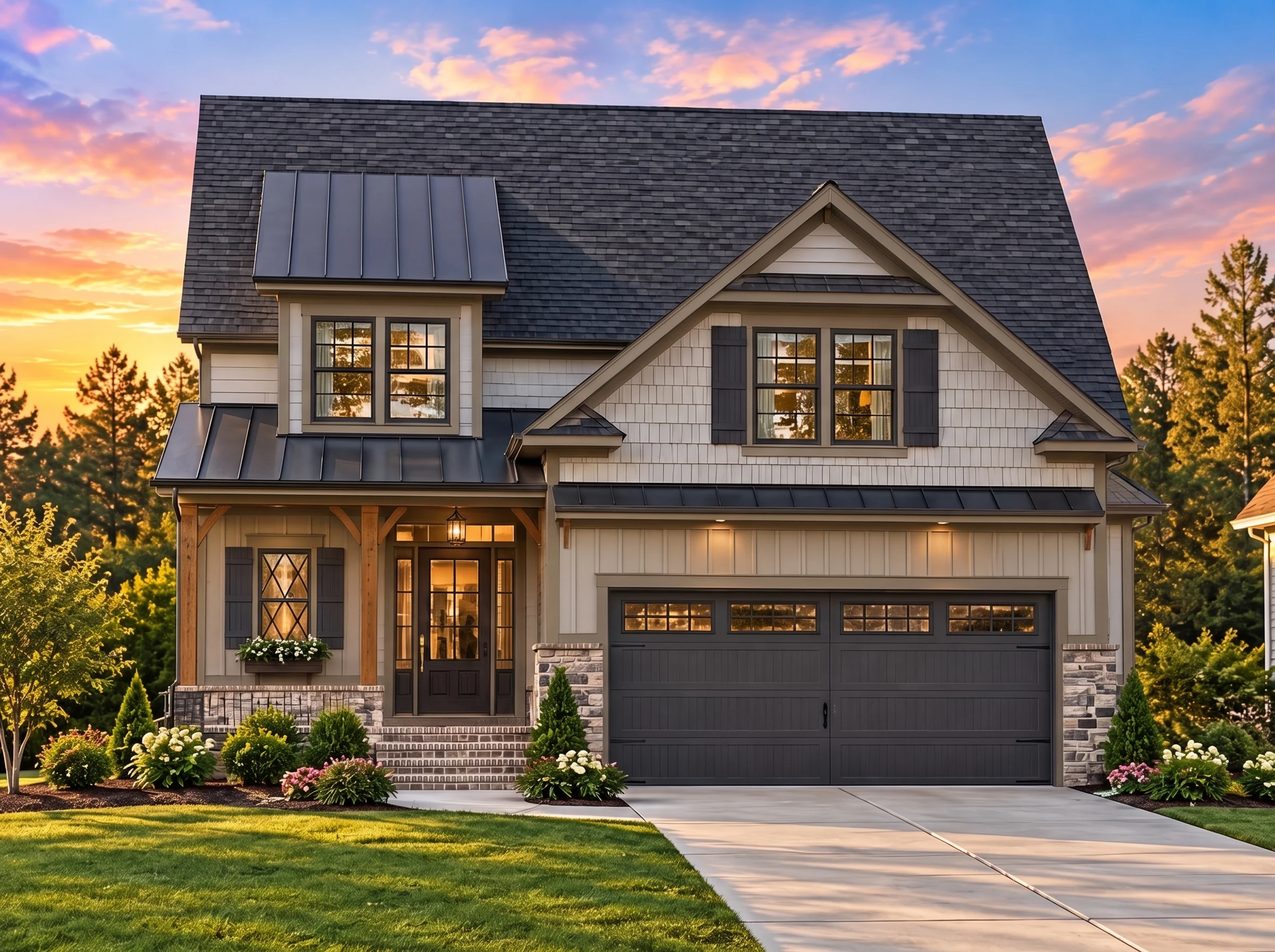 Plan  8-1279 – Morgan Lodge |  Traditional – 3-Bed, 2.5-Bath, 1,484 SF - Mushroom Taupe, AI-generated exterior concept