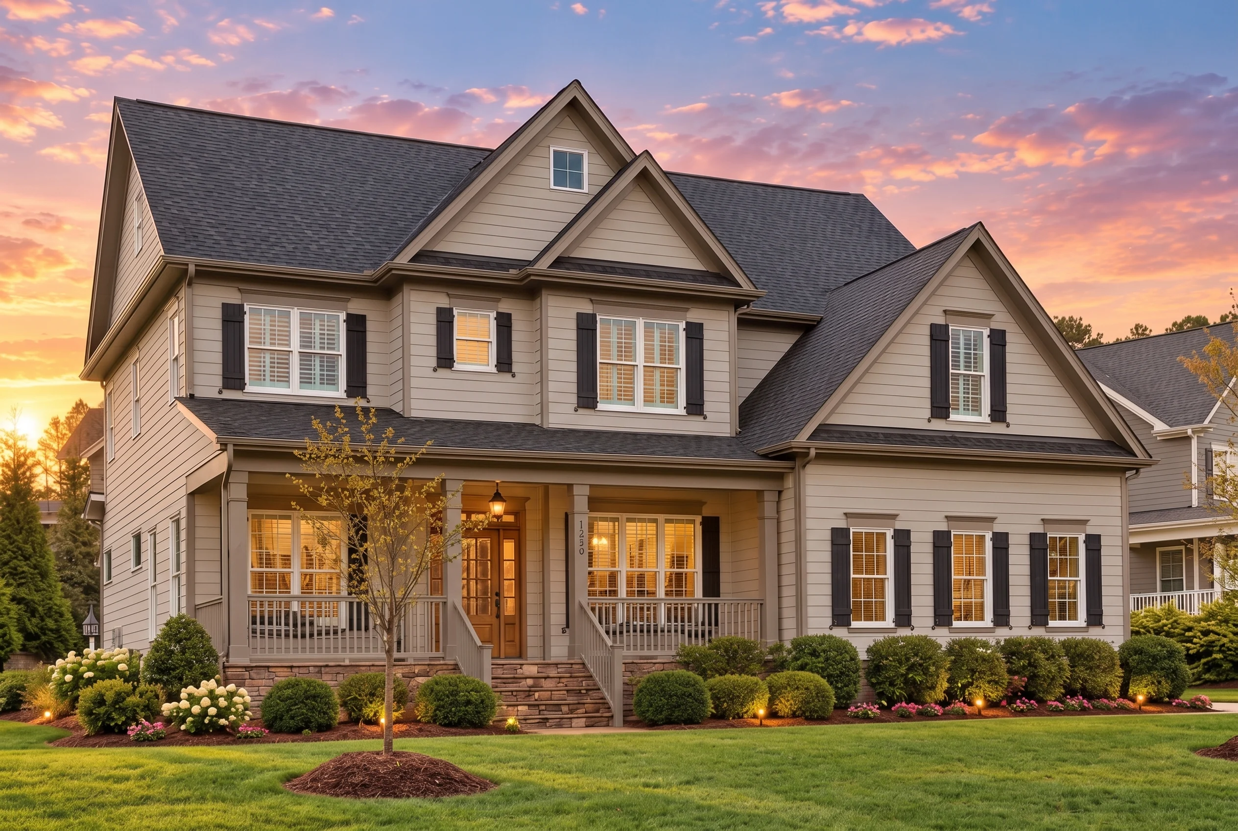Plan  10-1053B – Hawthorn Cottage |  Shingle Style – 5-Bed, 5-Bath, 4,452 SF - Mushroom Taupe, AI-generated exterior concept