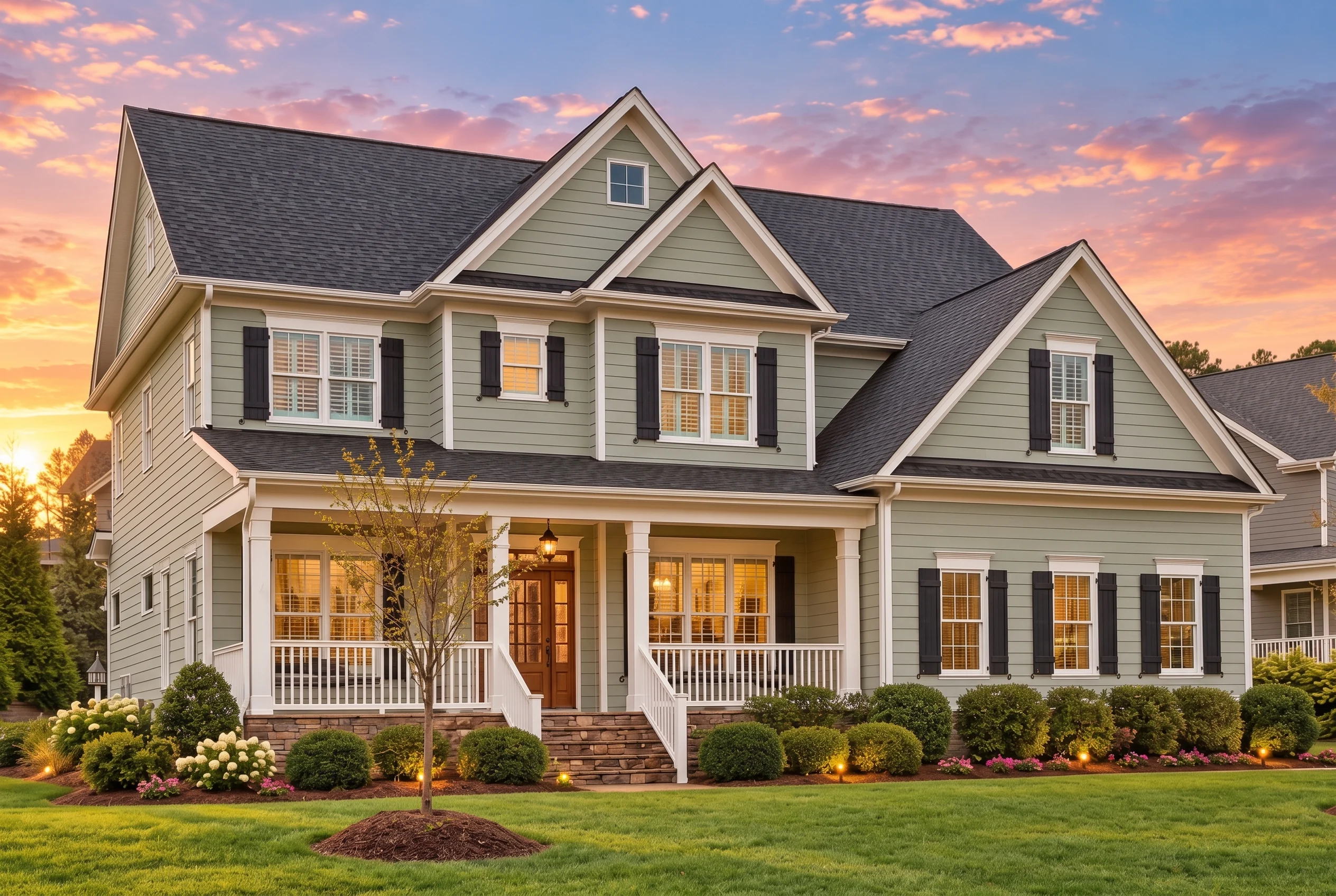 Plan  10-1053B – Hawthorn Cottage |  Shingle Style – 5-Bed, 5-Bath, 4,452 SF - Muted Sage, AI-generated exterior concept