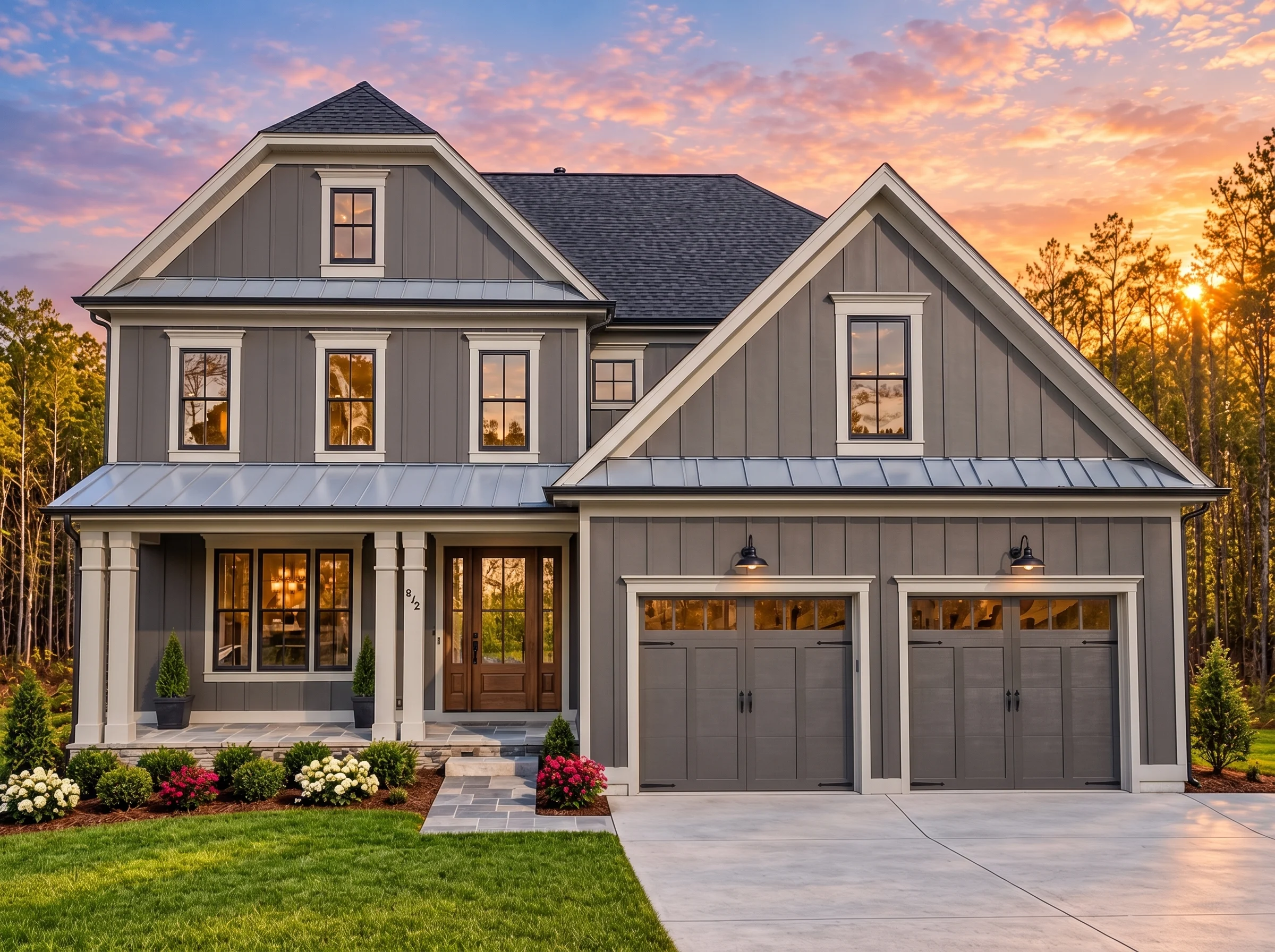 Plan  15-1328 – Maple Meadow Estate  | New American – 6-Bed, 5-Bath, 4,461 SF - Warm Charcoal, AI-generated exterior concept