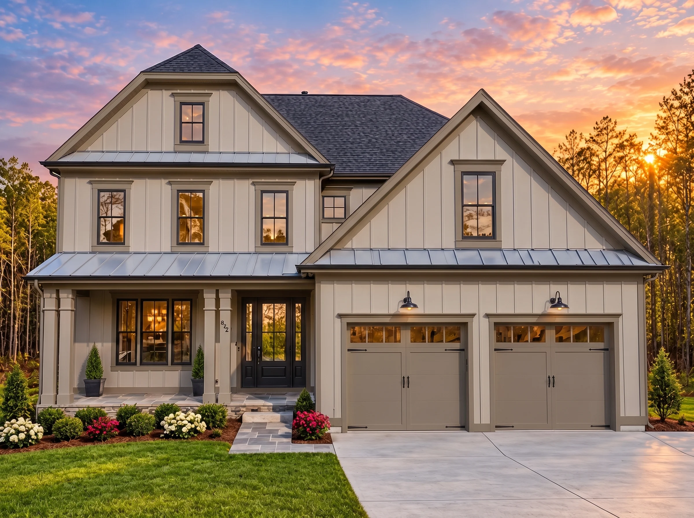 Plan  15-1328 – Maple Meadow Estate  | New American – 6-Bed, 5-Bath, 4,461 SF - Mushroom Taupe, AI-generated exterior concept