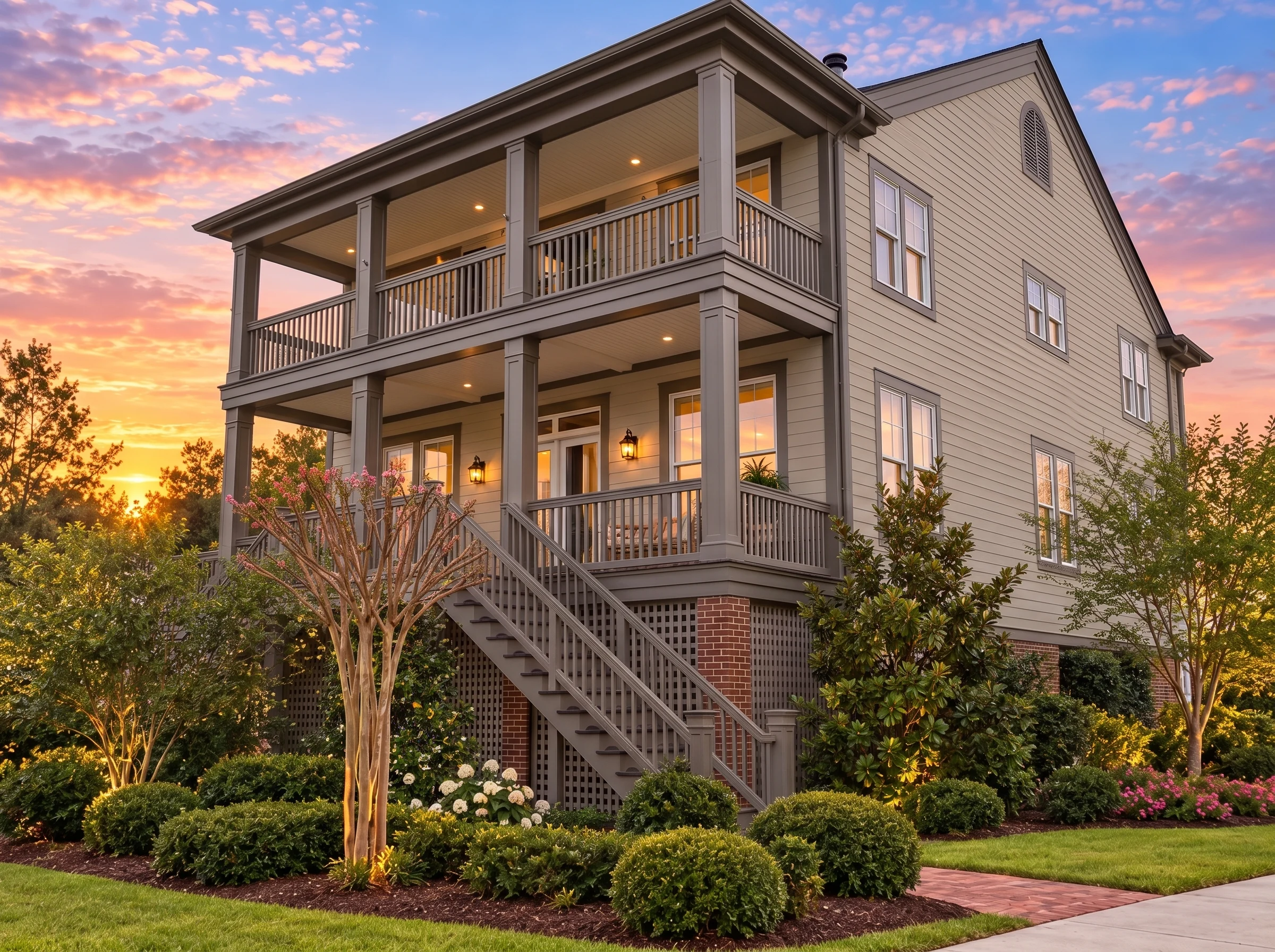 Plan  15-2035 – Lopez Retreat |  Charleston Colonial – 6-Bed, 3.5-Bath, 3,877 SF - Mushroom Taupe, AI-generated exterior concept