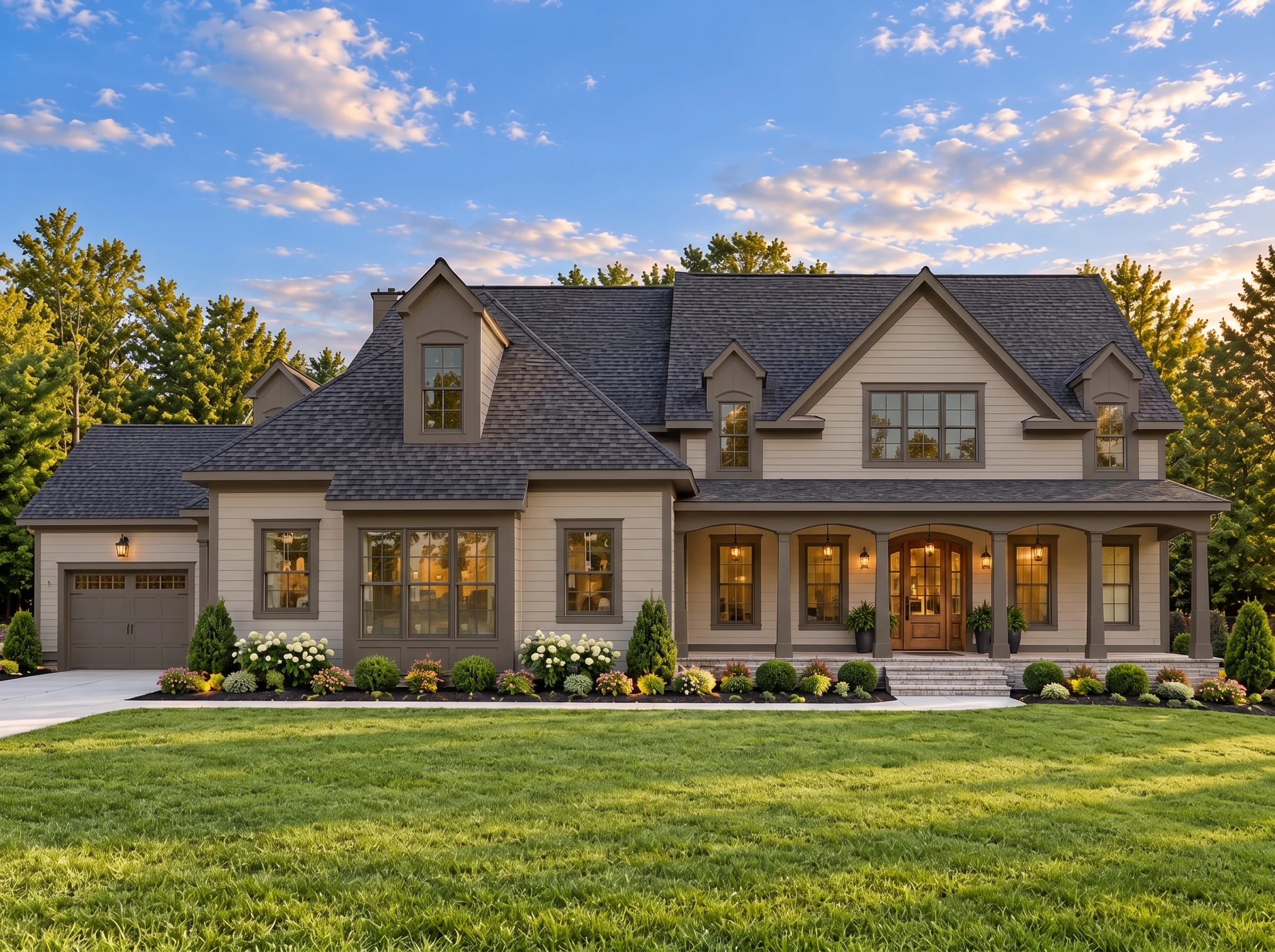 Plan  13-1318 – Rose Meadow Farm |  New American – 5-Bed, 5-Bath, 4,665 SF - Mushroom Taupe, AI-generated exterior concept