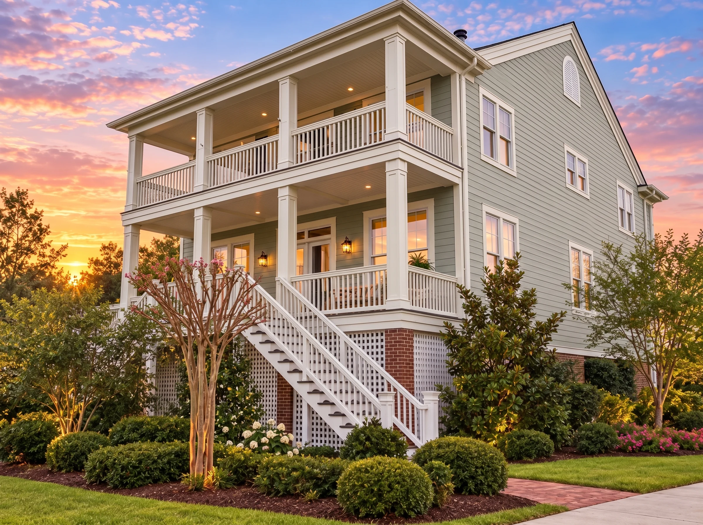 Plan  15-2035 – Lopez Retreat |  Charleston Colonial – 6-Bed, 3.5-Bath, 3,877 SF - Muted Sage, AI-generated exterior concept