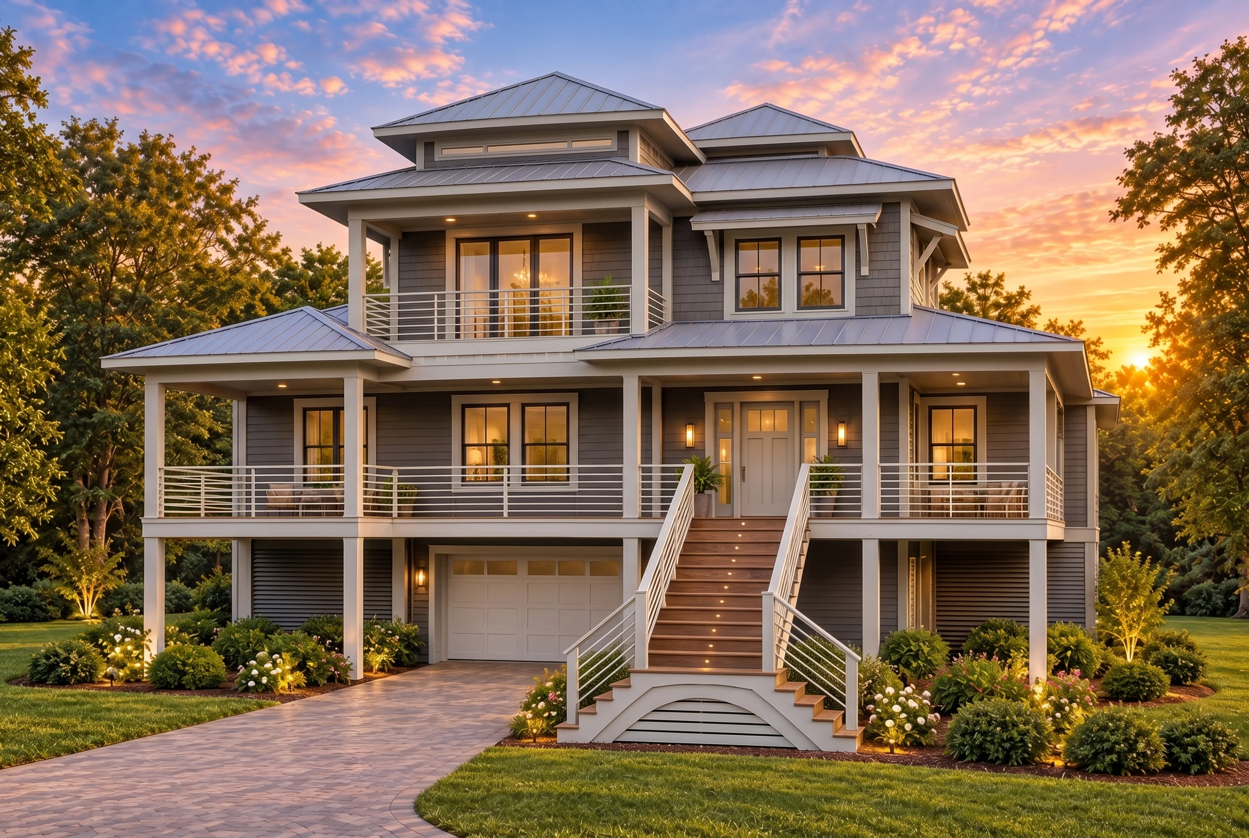 Plan  15-1024 – Beechwood Shores Retreat | Coastal – 5-Bed, 5-Bath, 2,496 SF - Warm Charcoal, AI-generated exterior concept