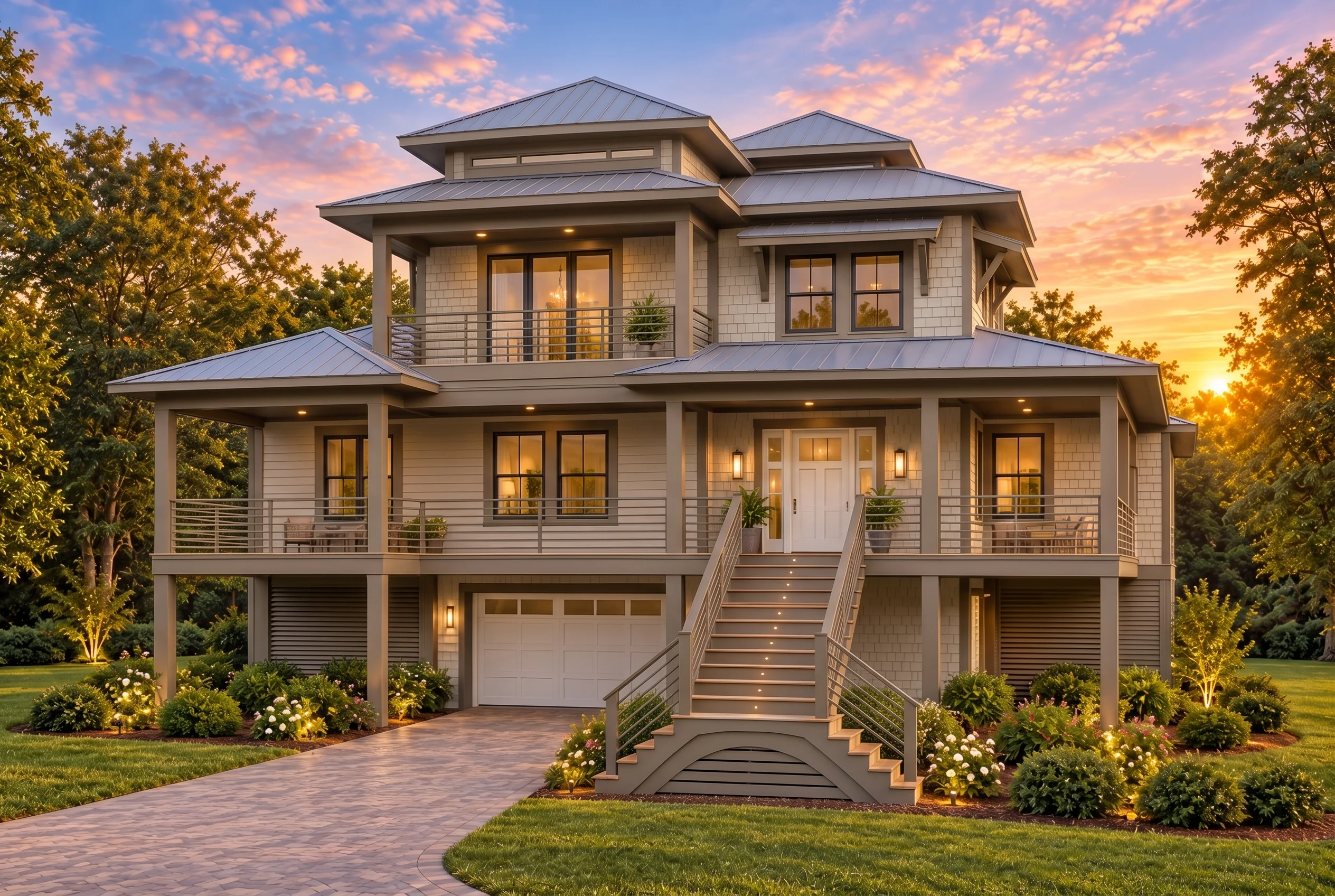 Plan  15-1024 – Beechwood Shores Retreat | Coastal – 5-Bed, 5-Bath, 2,496 SF - Mushroom Taupe, AI-generated exterior concept