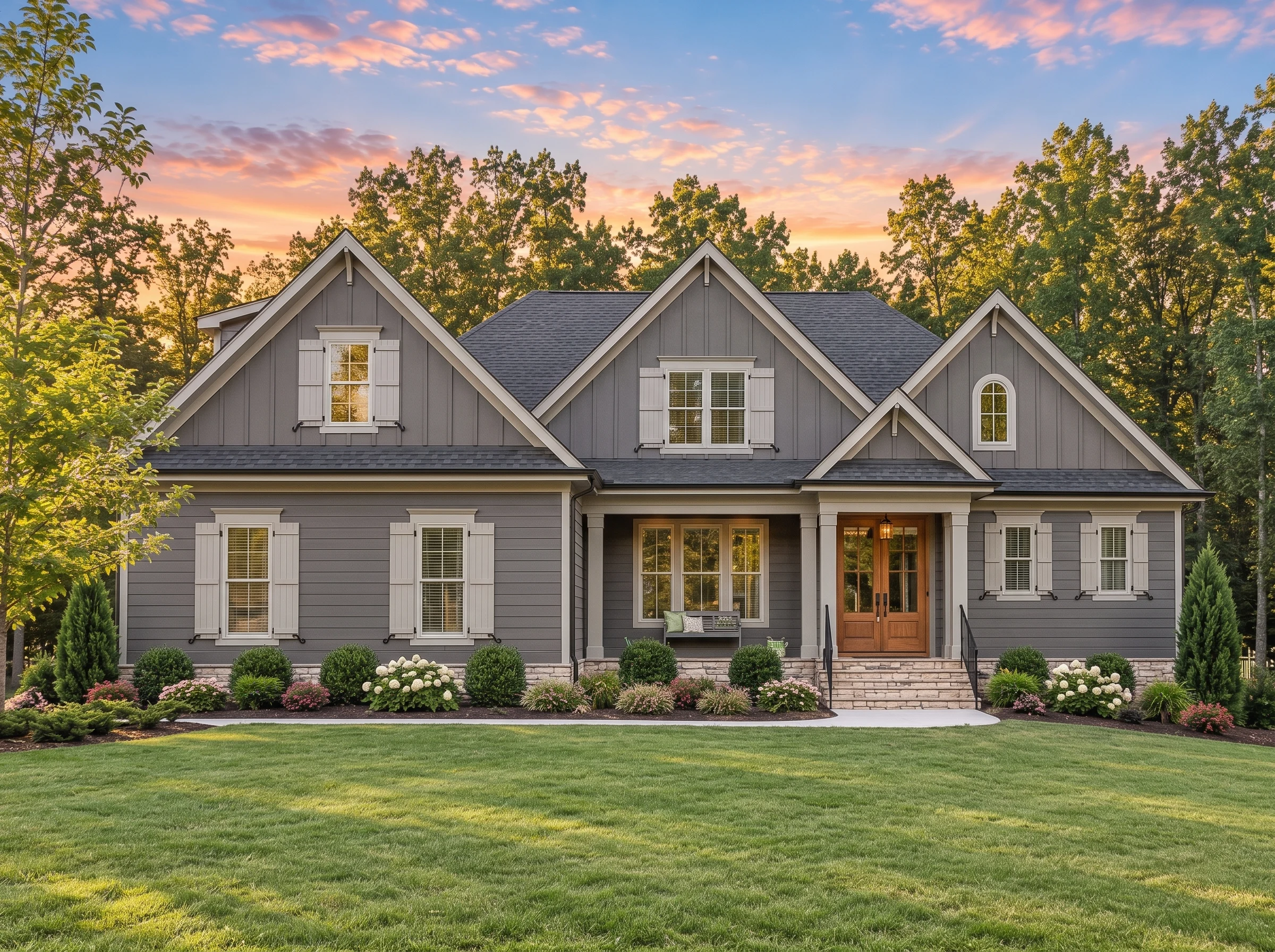 Plan  15-1329 – Cedar Brook Cottage  | Modern Farmhouse – 4-Bed, 4-Bath, 2,731 SF - Warm Charcoal, AI-generated exterior concept