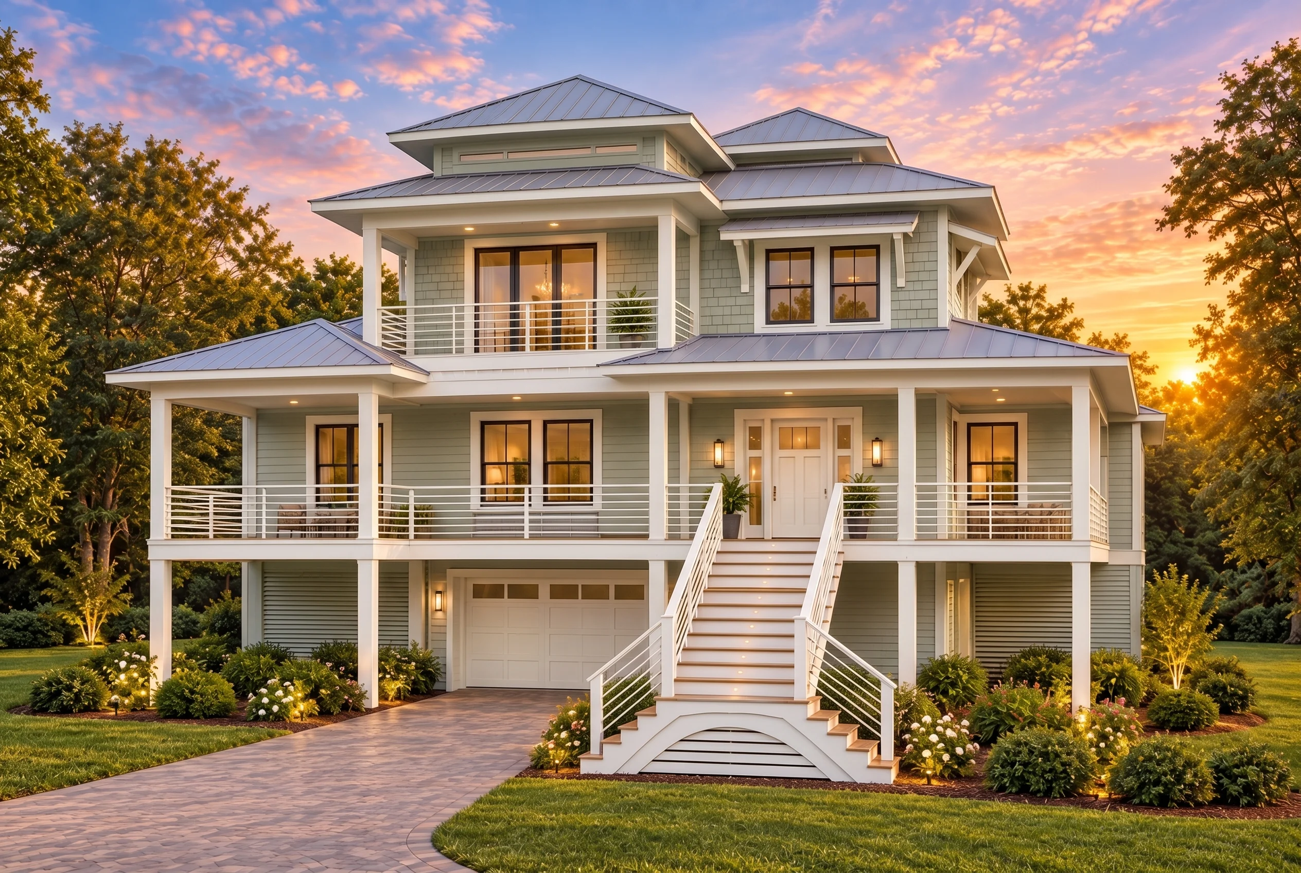 Plan  15-1024 – Beechwood Shores Retreat | Coastal – 5-Bed, 5-Bath, 2,496 SF - Muted Sage, AI-generated exterior concept