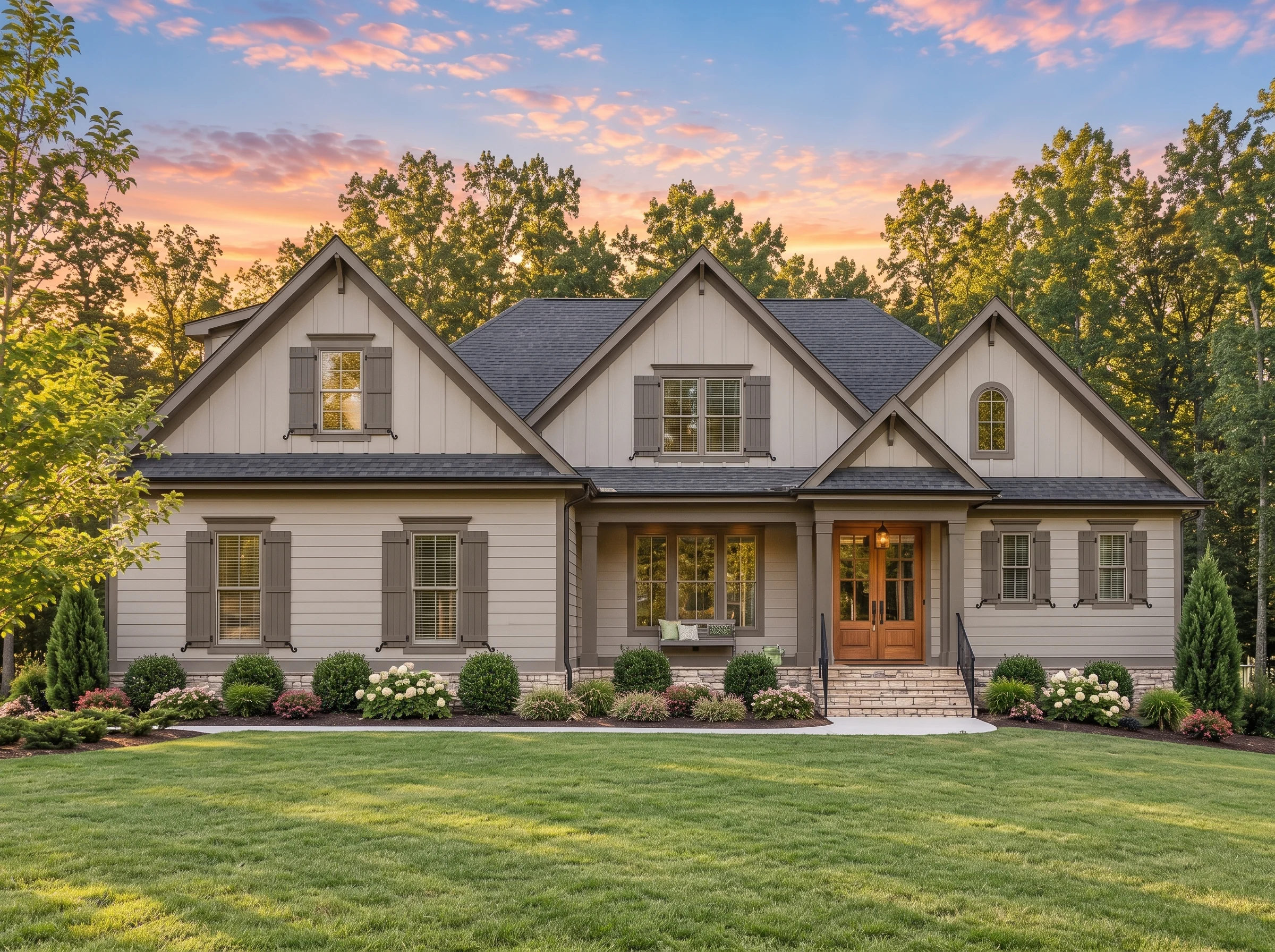 Plan  15-1329 – Cedar Brook Cottage  | Modern Farmhouse – 4-Bed, 4-Bath, 2,731 SF - Mushroom Taupe, AI-generated exterior concept