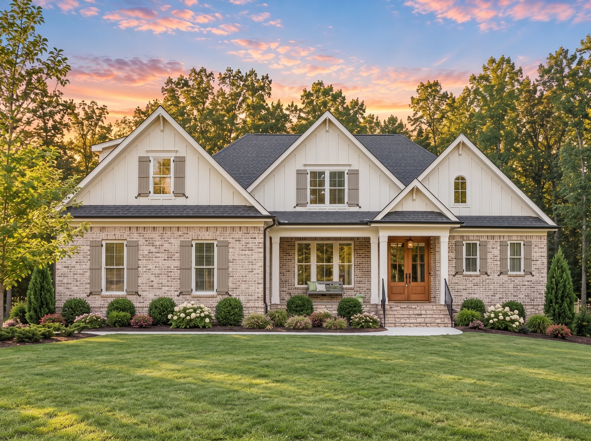 Plan  15-1329 – Cedar Brook Cottage  | Modern Farmhouse – 4-Bed, 4-Bath, 2,731 SF - Natural Brick, AI-generated exterior concept