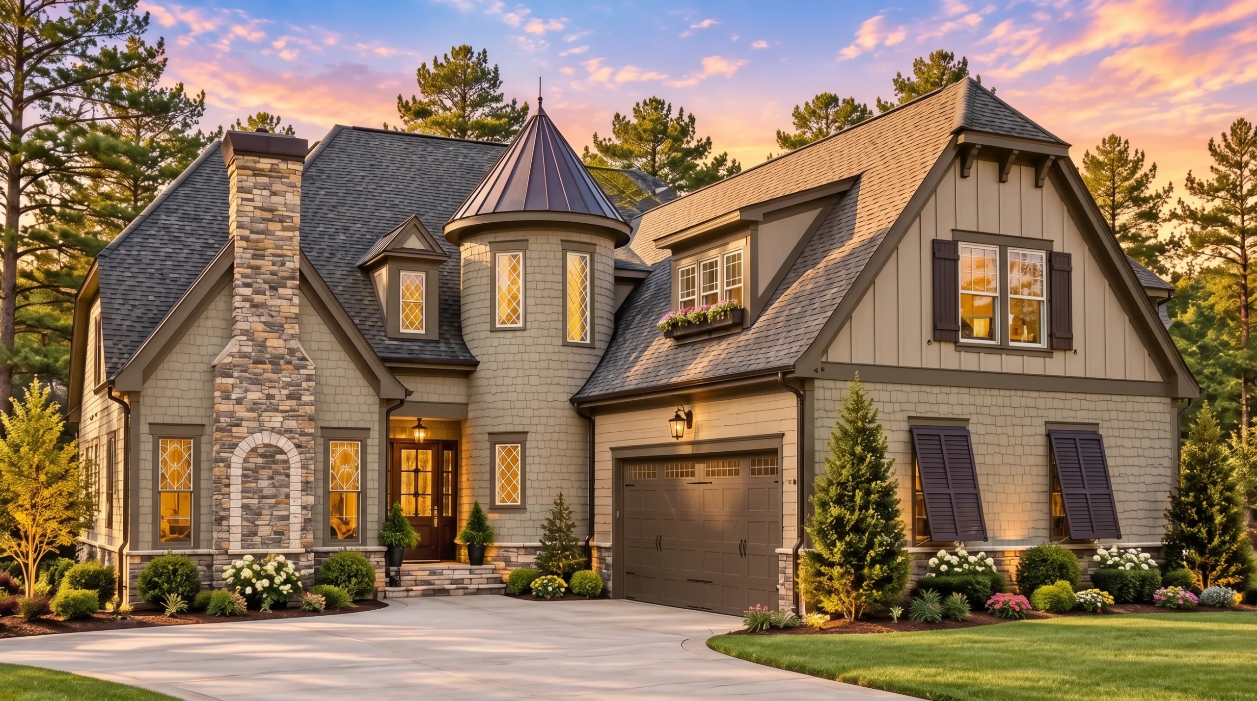 Plan  8-1246 – The Rogers House |  French Country – 3-Bed, 3-Bath, 4,097 SF - Mushroom Taupe, AI-generated exterior concept