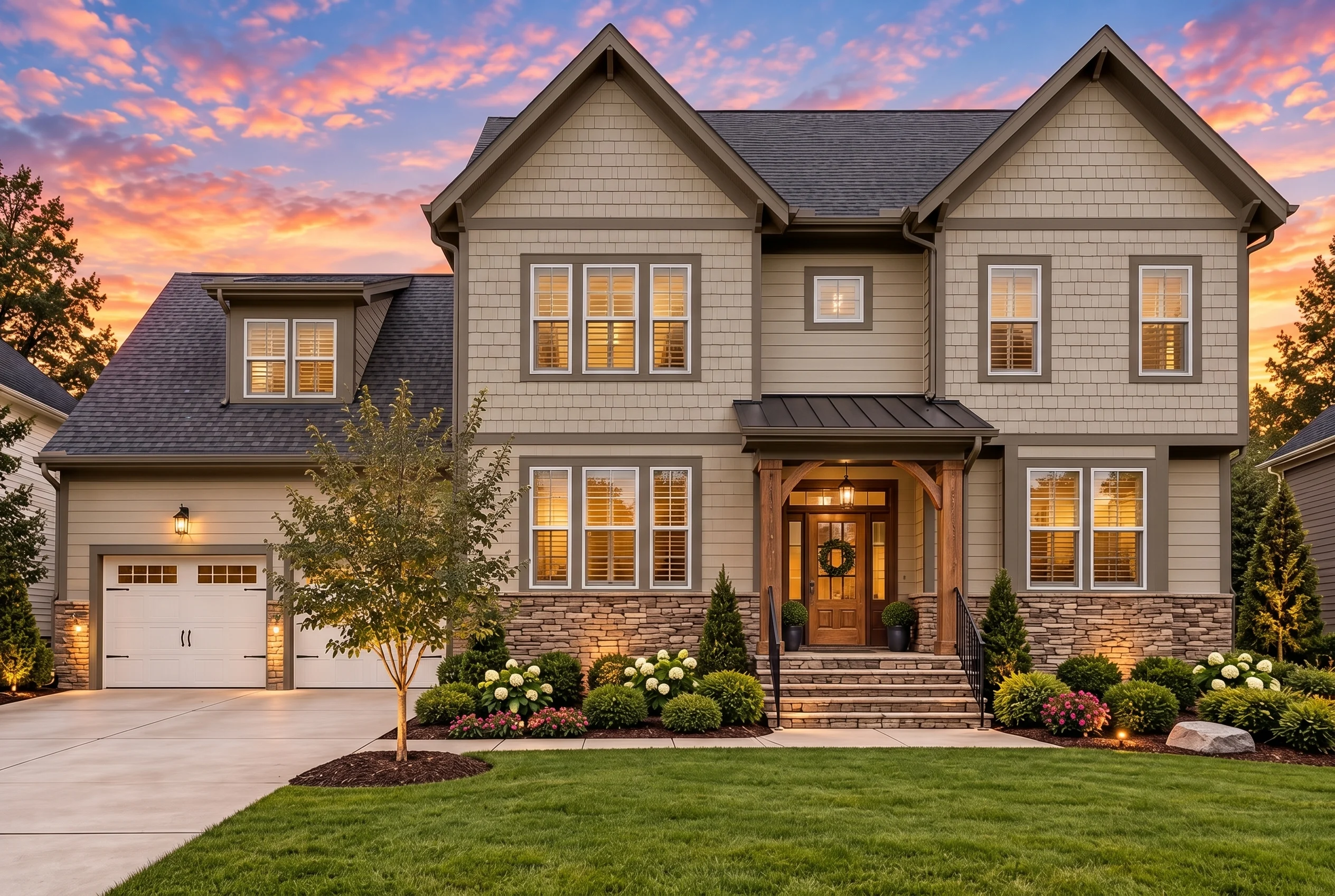 Plan  10-1067 – The Blarney |  Neo-Colonial – 4-Bed, 4.5-Bath, 2,860 SF - Mushroom Taupe, AI-generated exterior concept